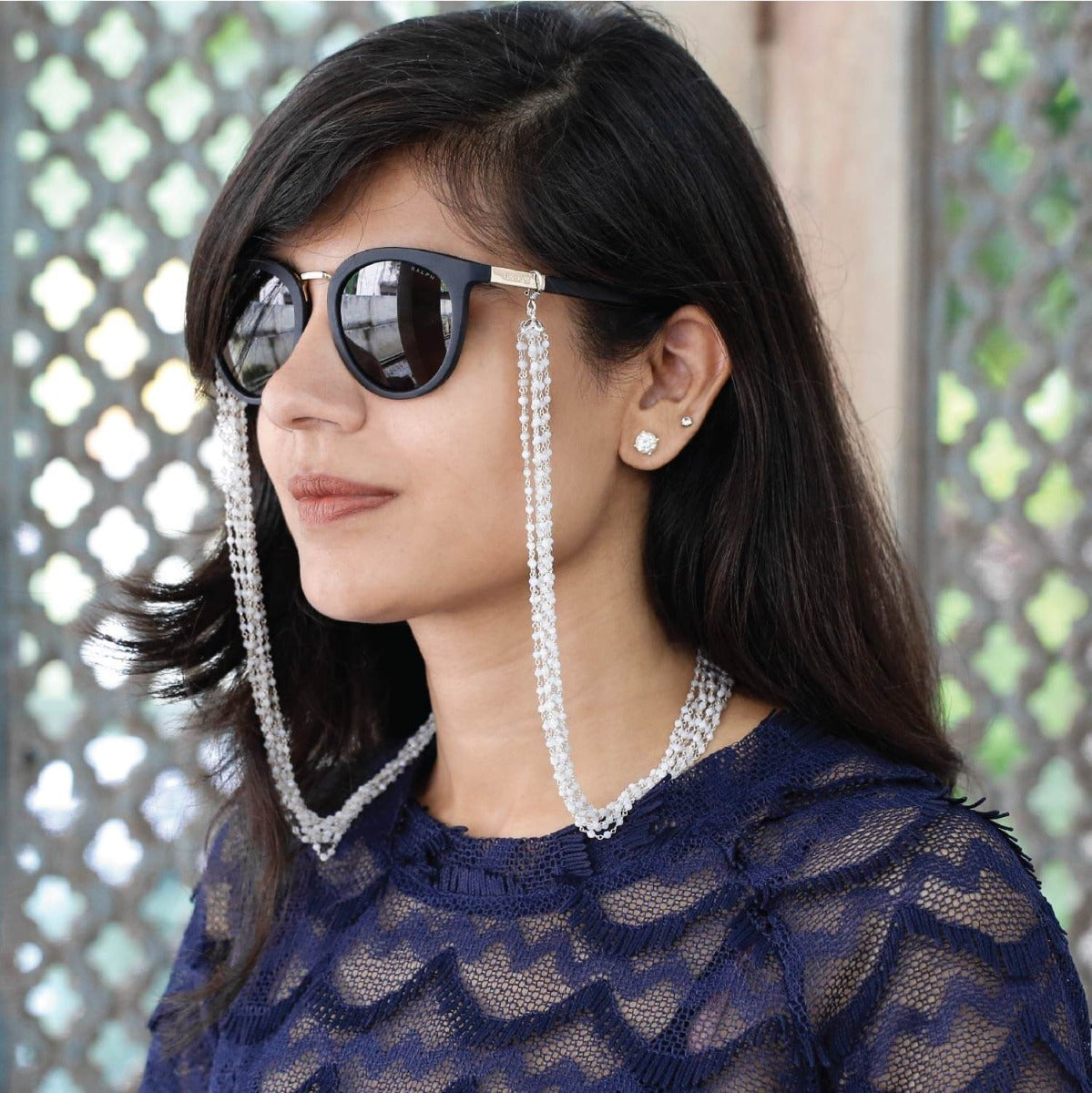 Chalcedony beads silver mask & glass chain