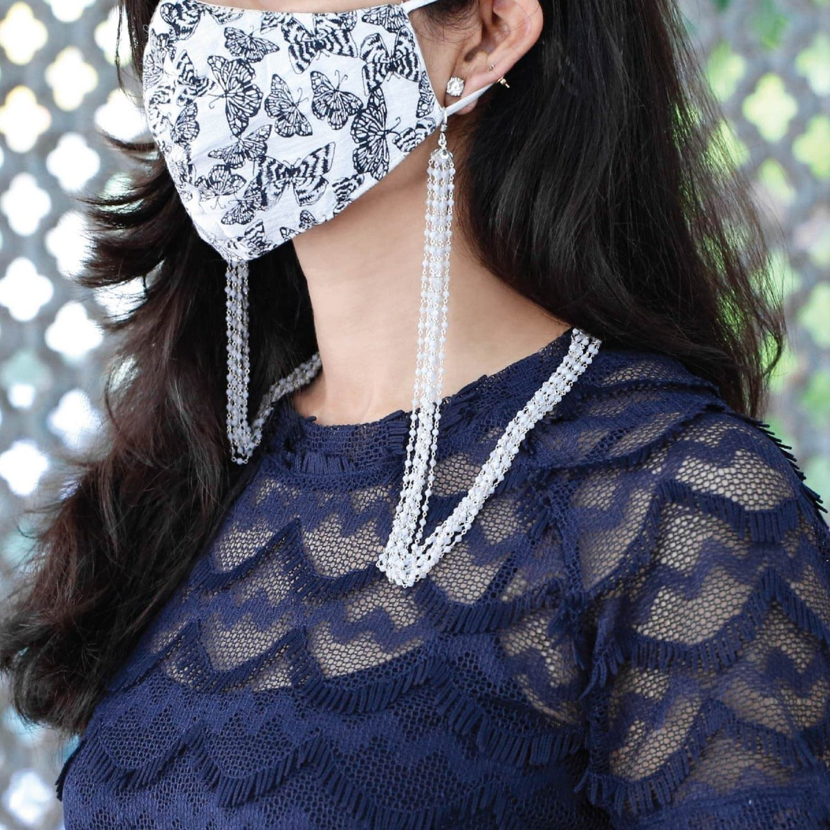 Chalcedony beads silver mask & glass chain