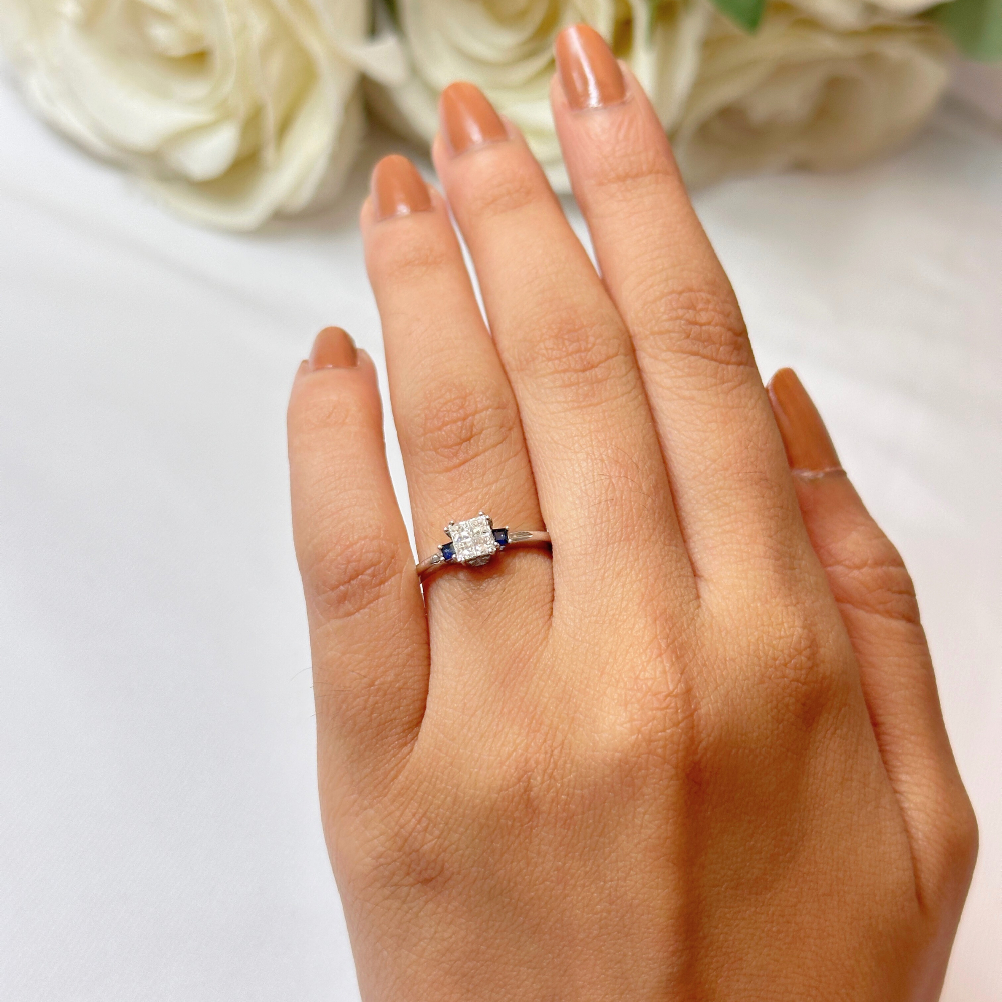 Square shape Diamond & Sapphire Ring