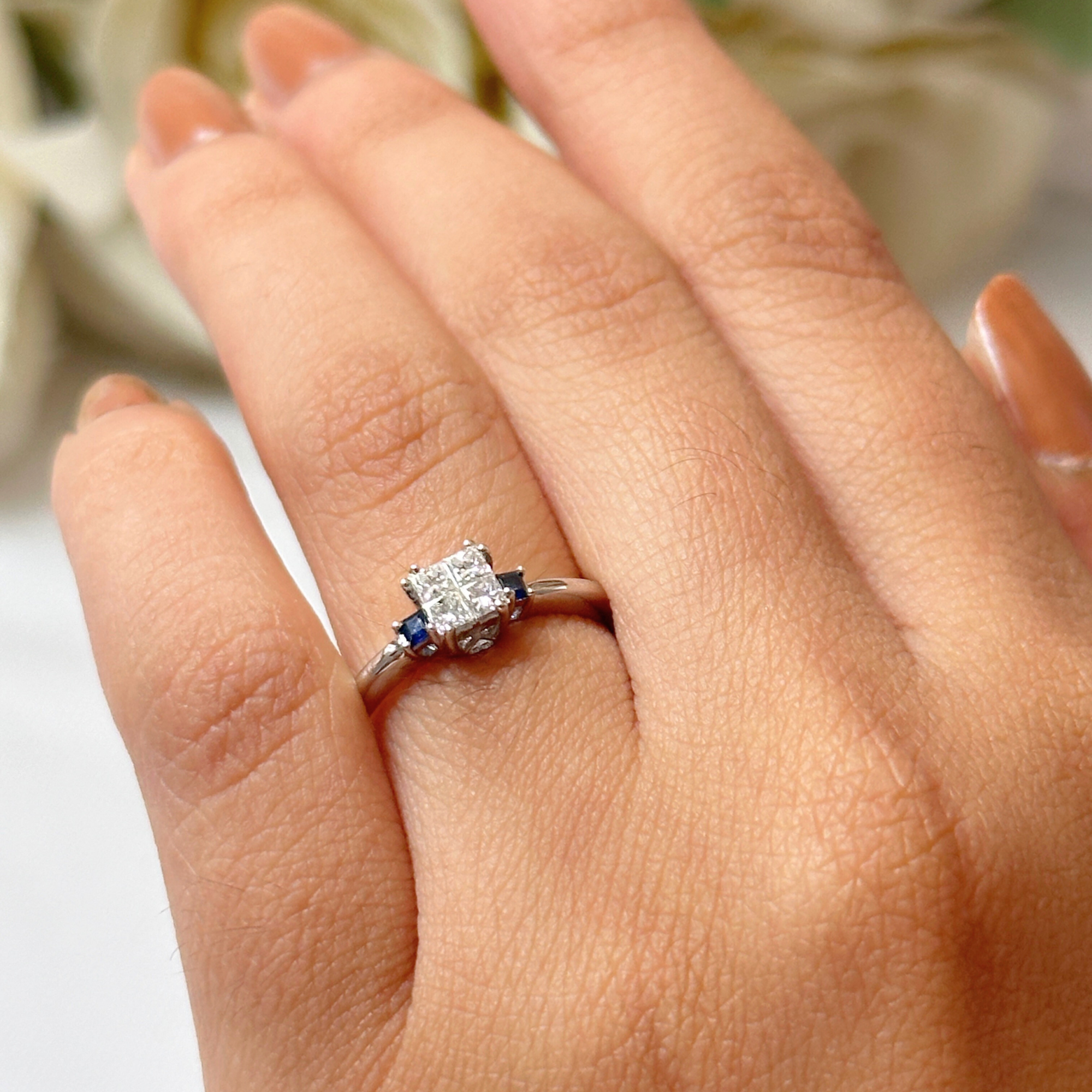 Square shape Diamond & Sapphire Ring