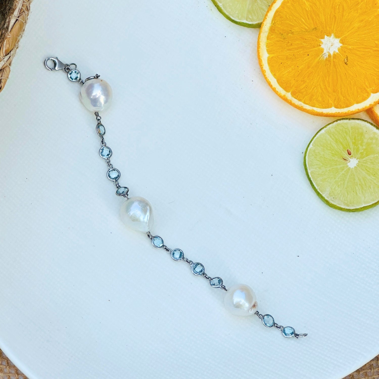 Pellet Pearl and Blue Topaz Silver 925 Bracelet