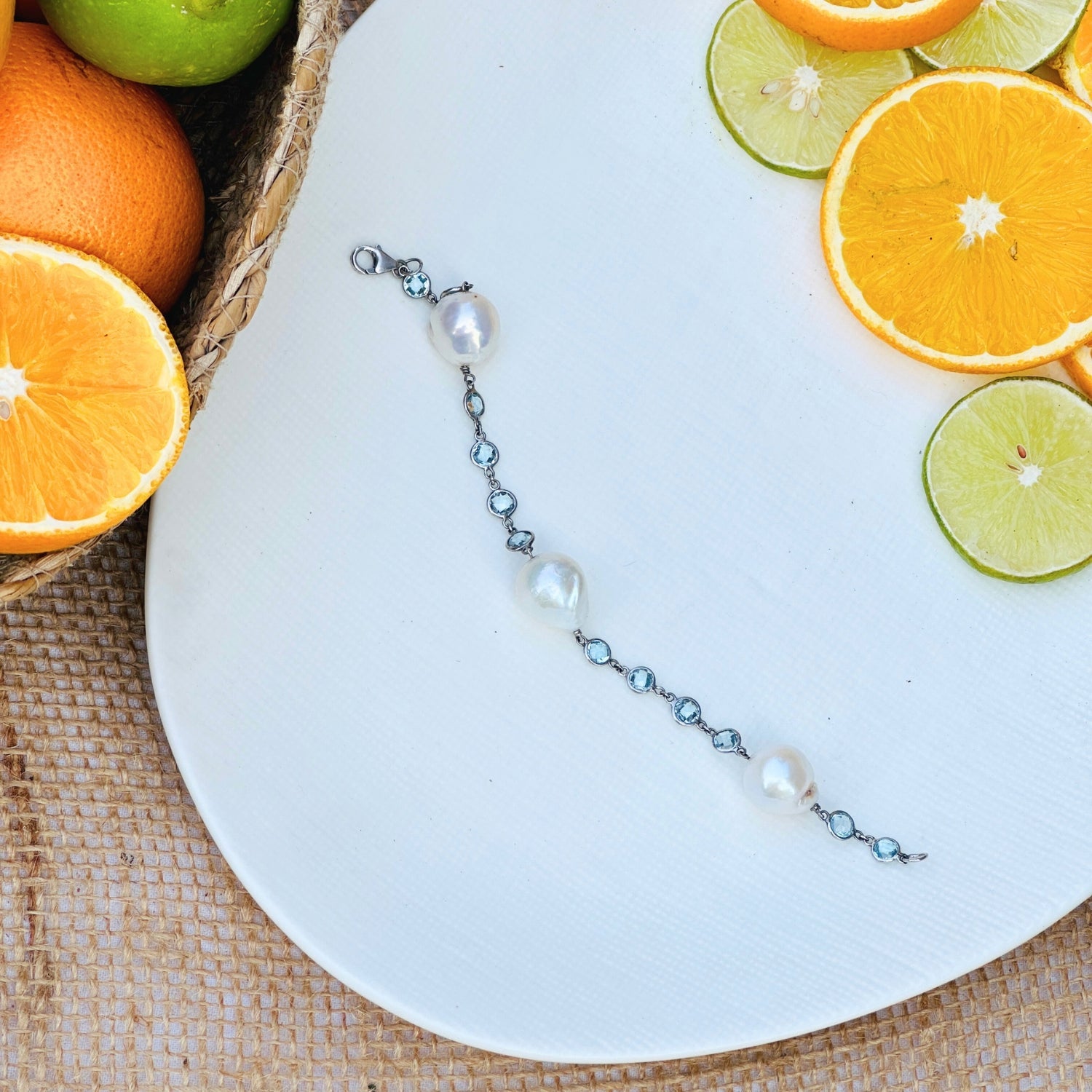 Pellet Pearl and Blue Topaz Silver 925 Bracelet
