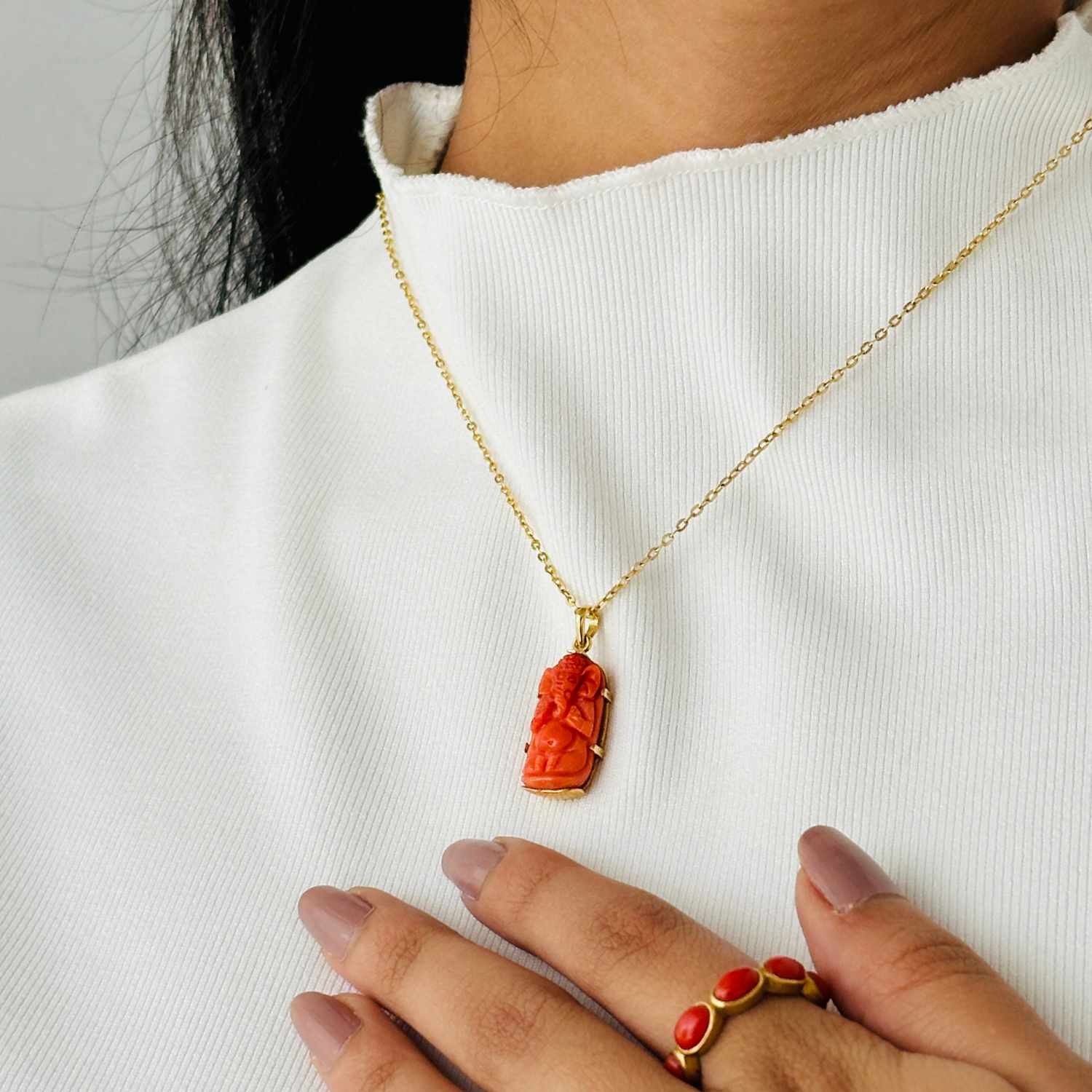 Coral Ganesha 18K Gold Pendant