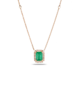 18K Rose Gold Emerald-Cut Emerald Diamond Halo Pendant Angled View