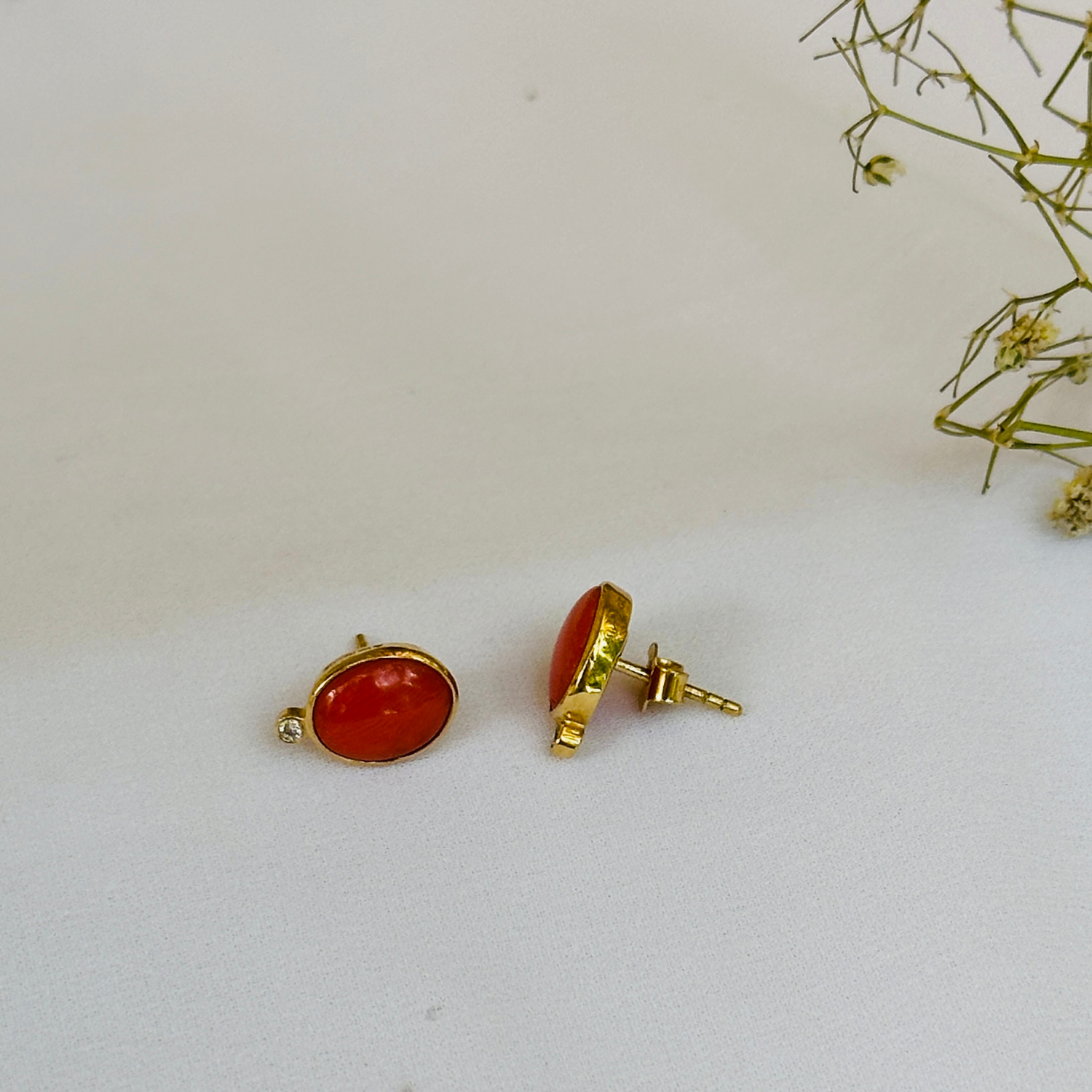 Coral & Diamond 18K Gold Earrings