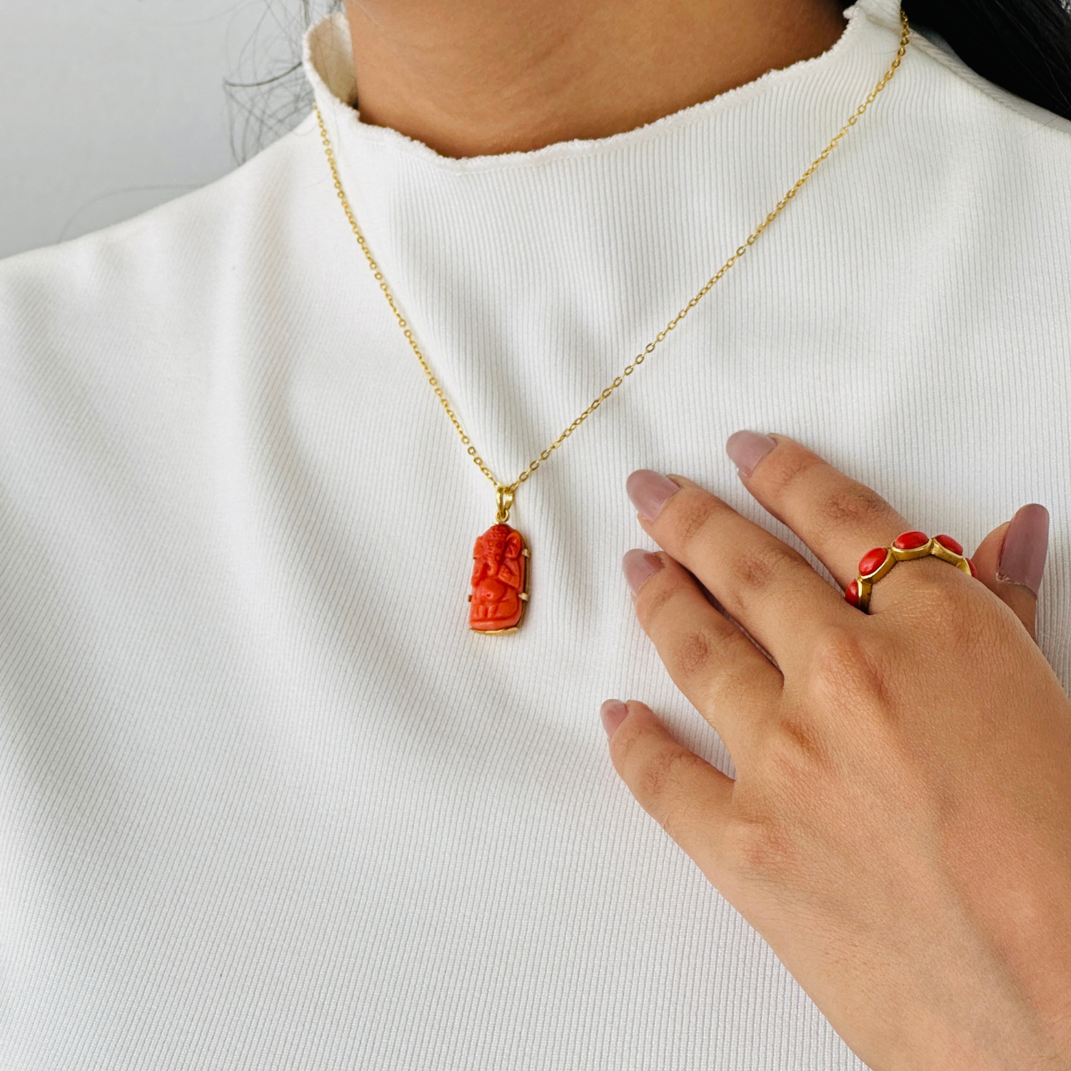 Coral Ganesha 18K Gold Pendant
