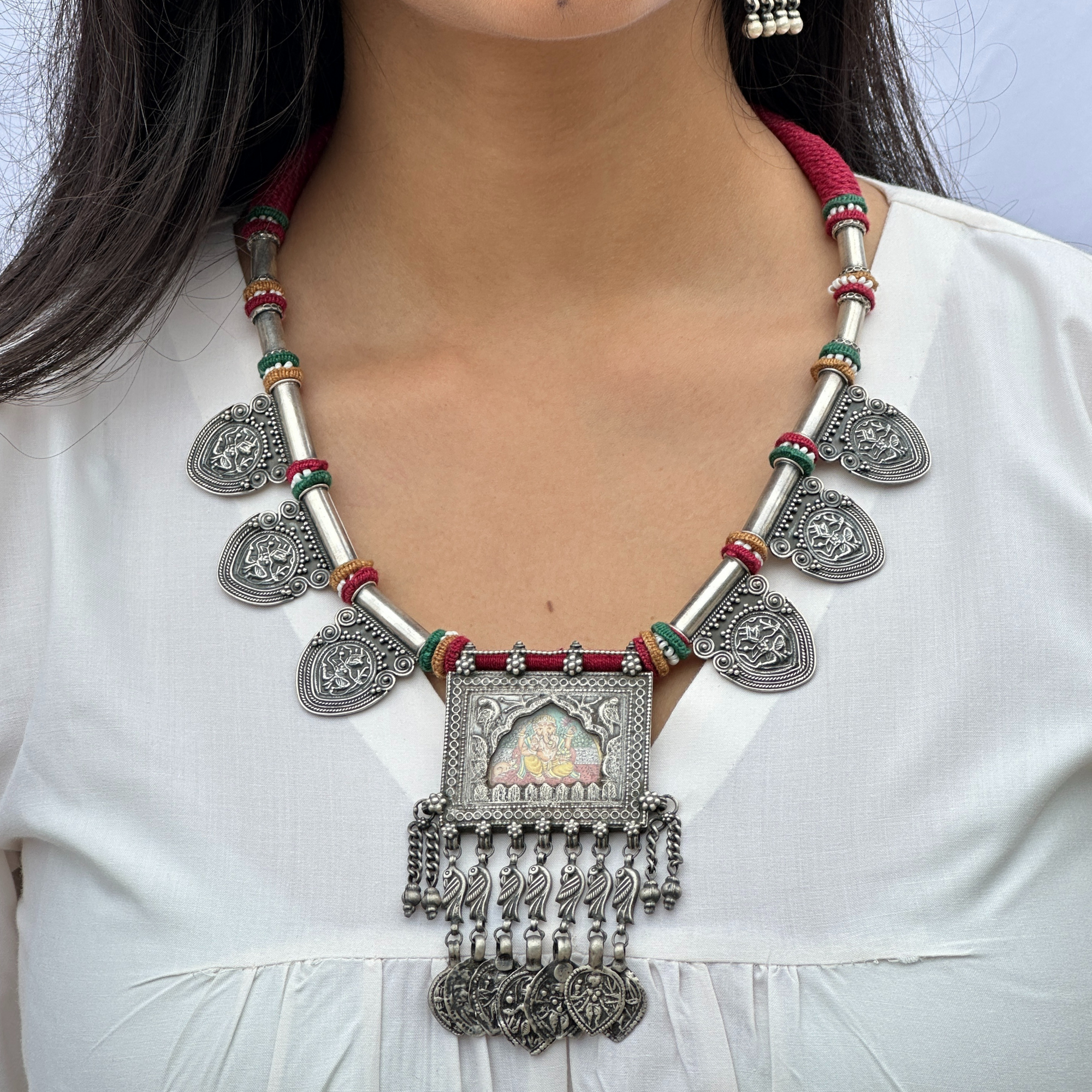 Ganpati Handpainted Silver 925 Necklace