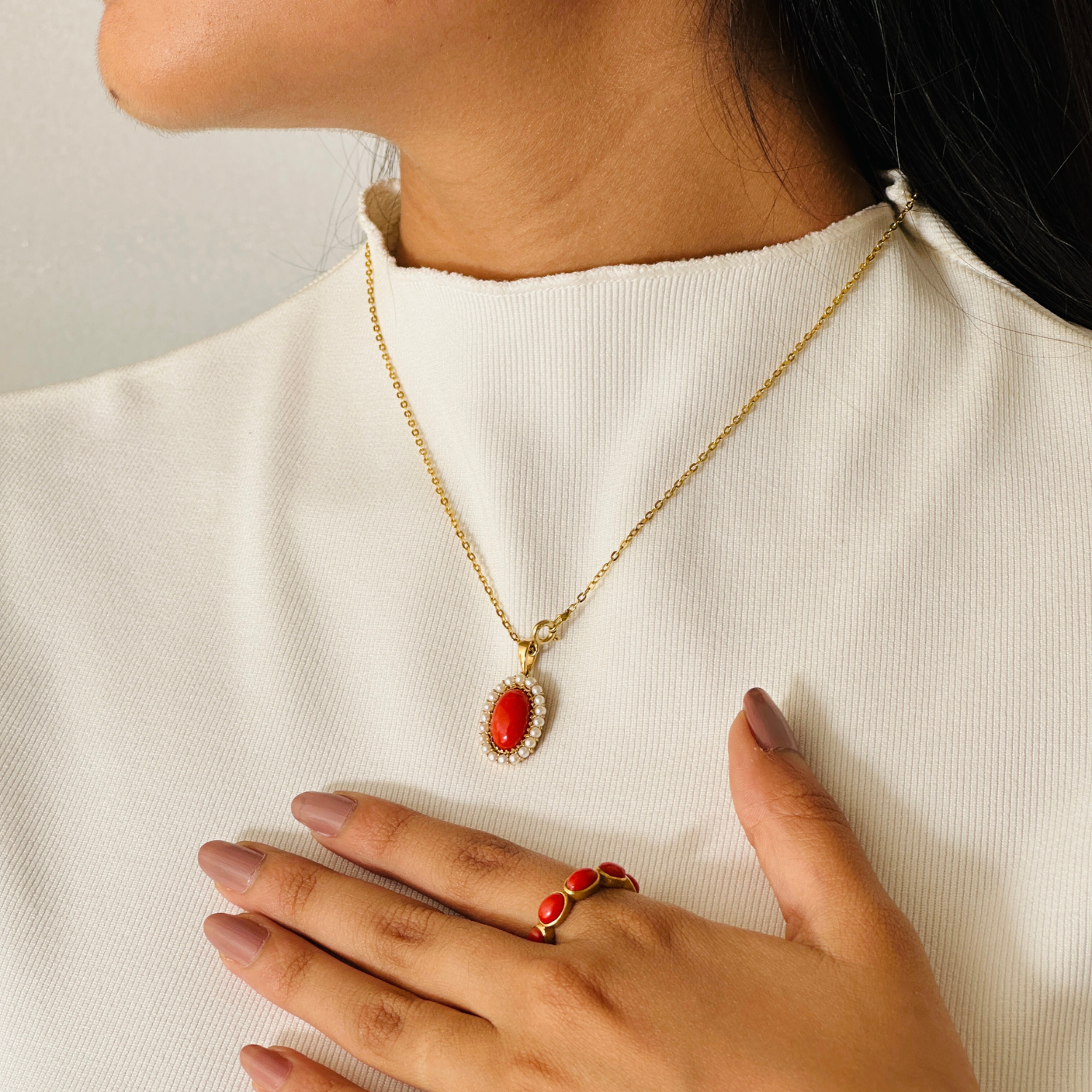 Coral & Pearl 18K Gold Pendant
