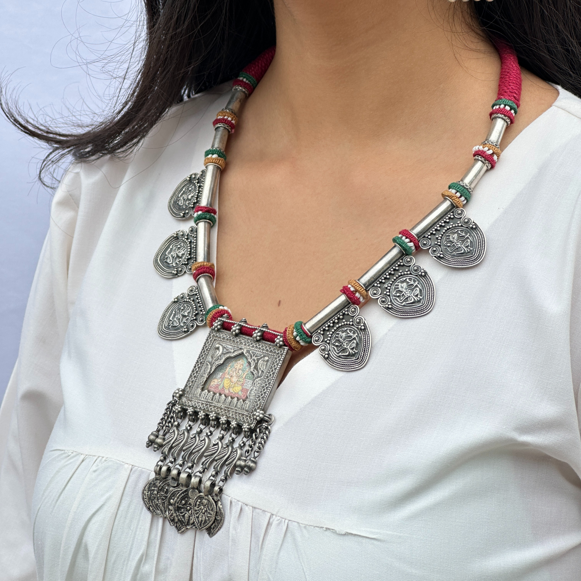 Ganpati Handpainted Silver 925 Necklace