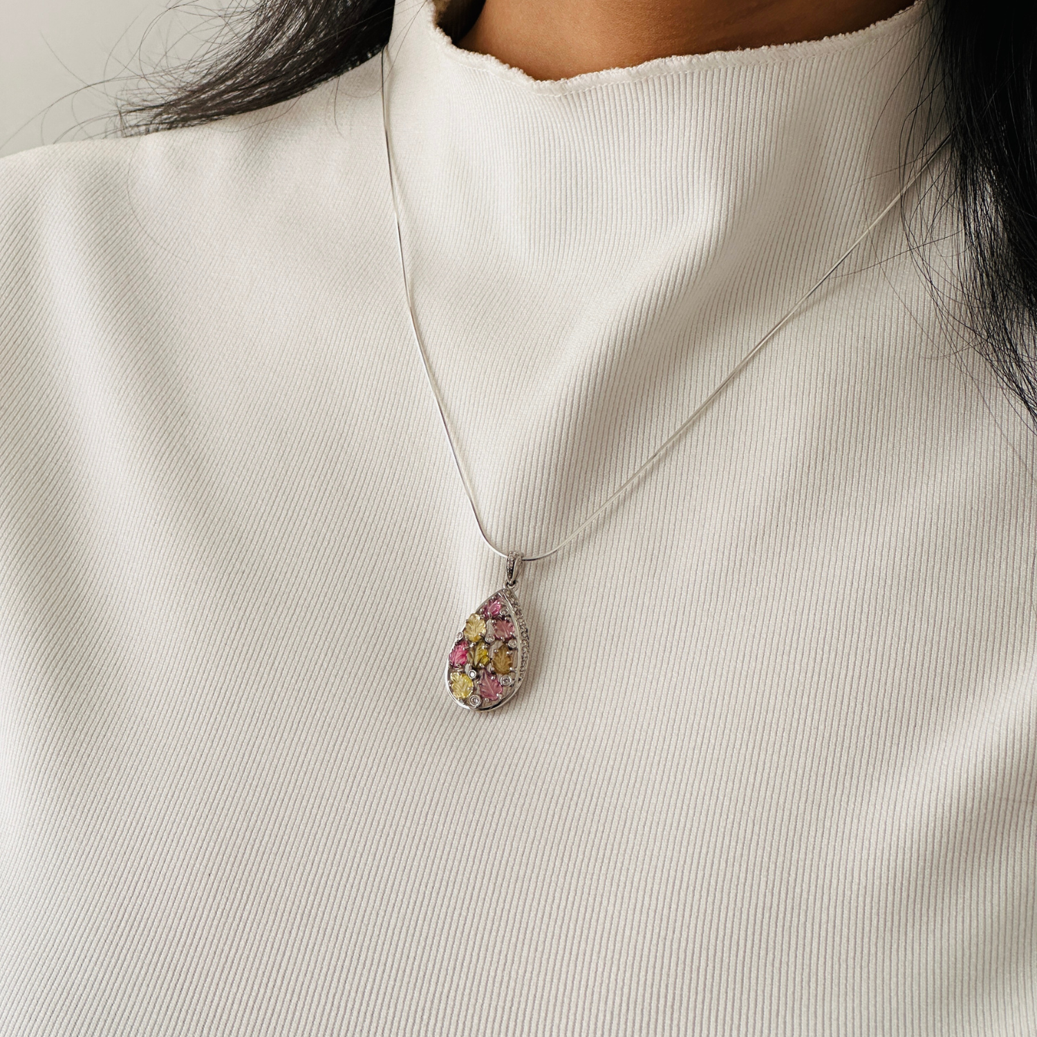 Tourmaline Teardrop 18K White Gold Pendant with Diamonds