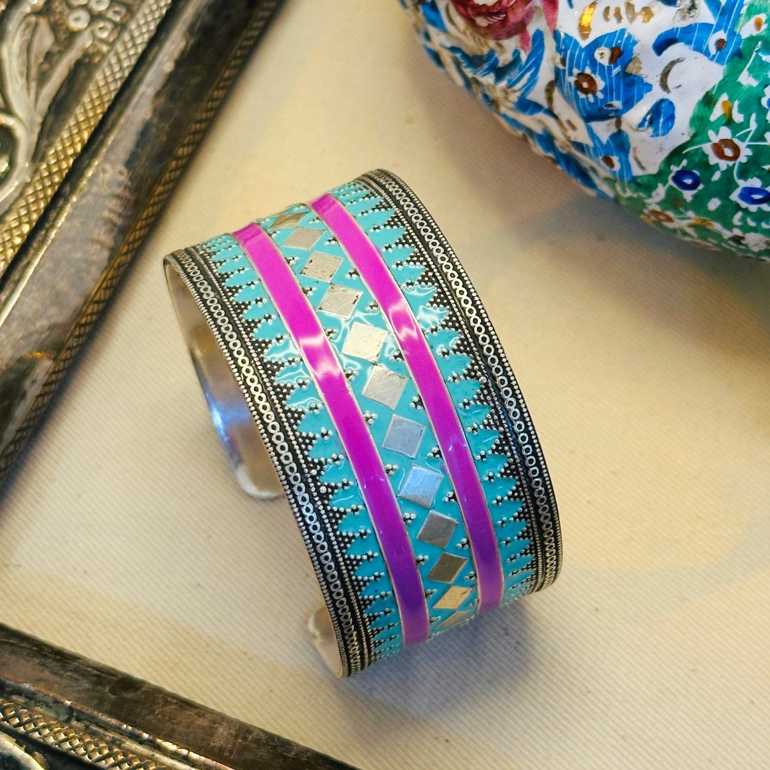 Kedara Enamel Silver 925 Cuff Bangle