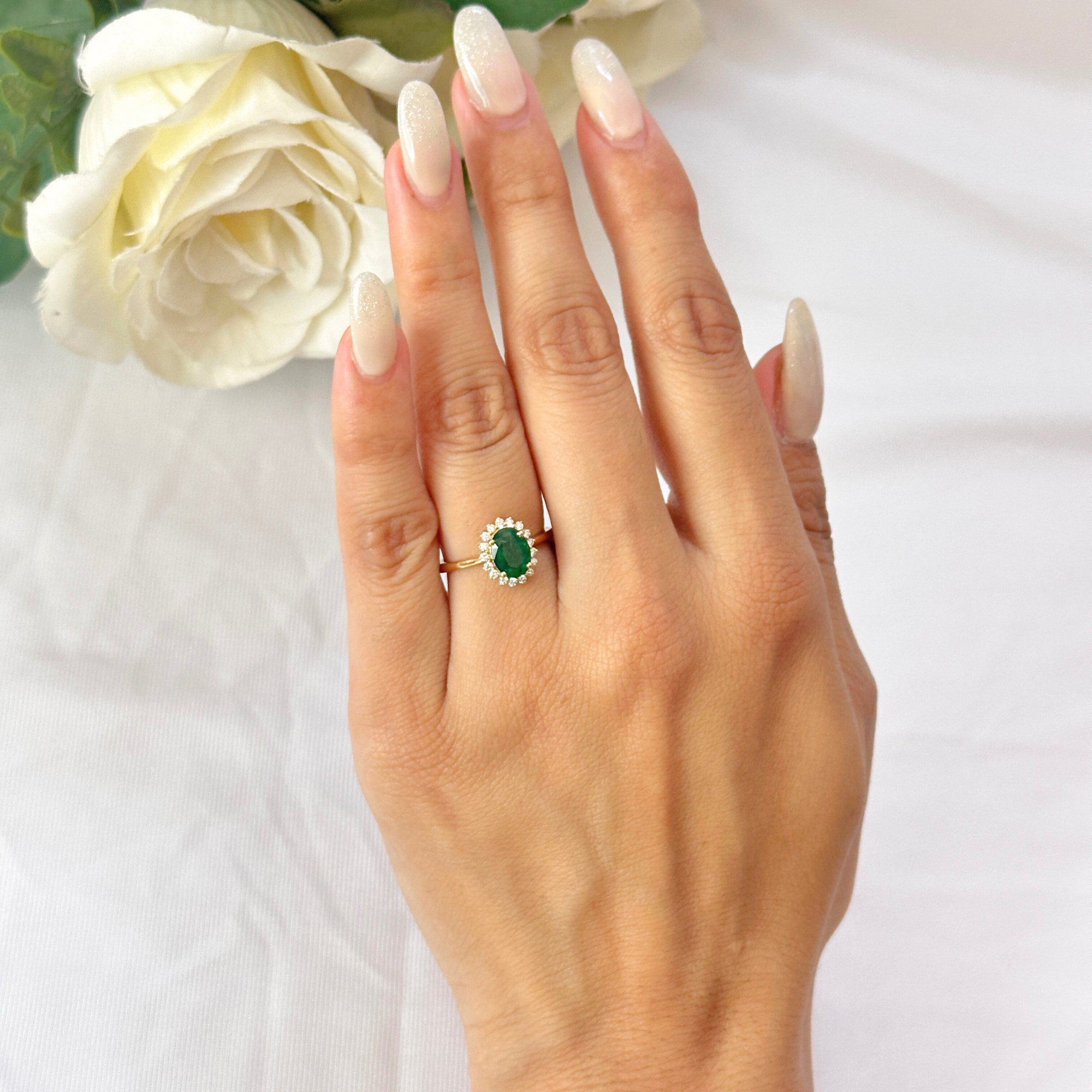 Emerald Diamond Gold Cluster Ring