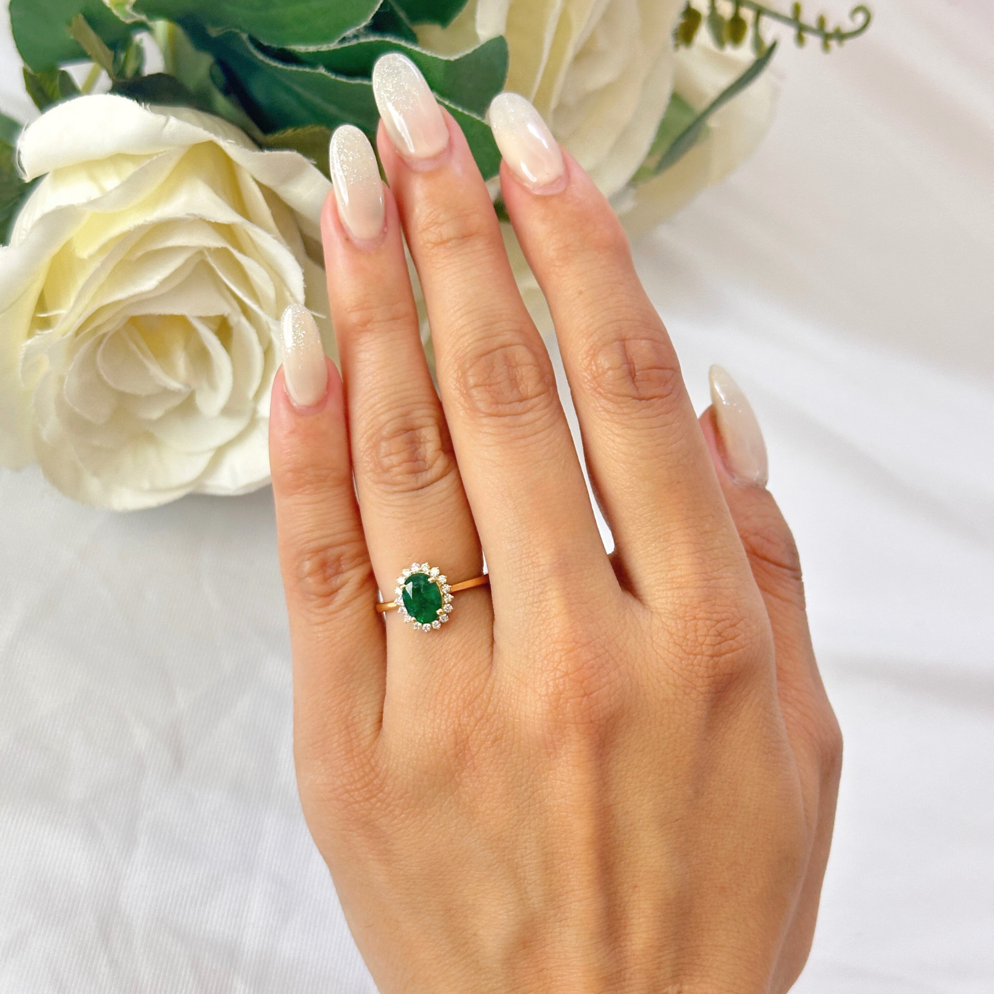 Emerald Diamond Gold Cluster Ring