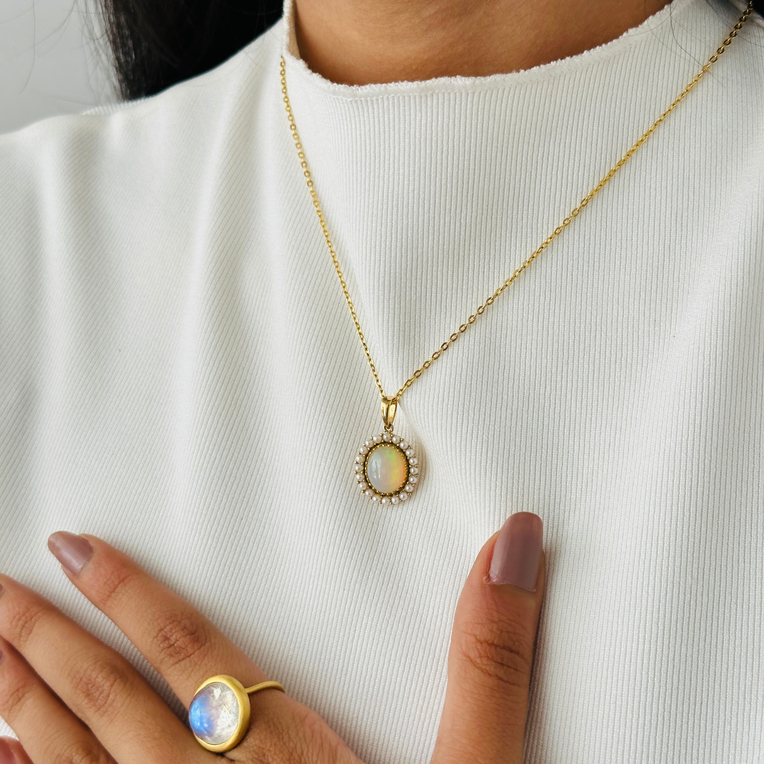 Opal & Pearl Oval 18K Gold Pendant