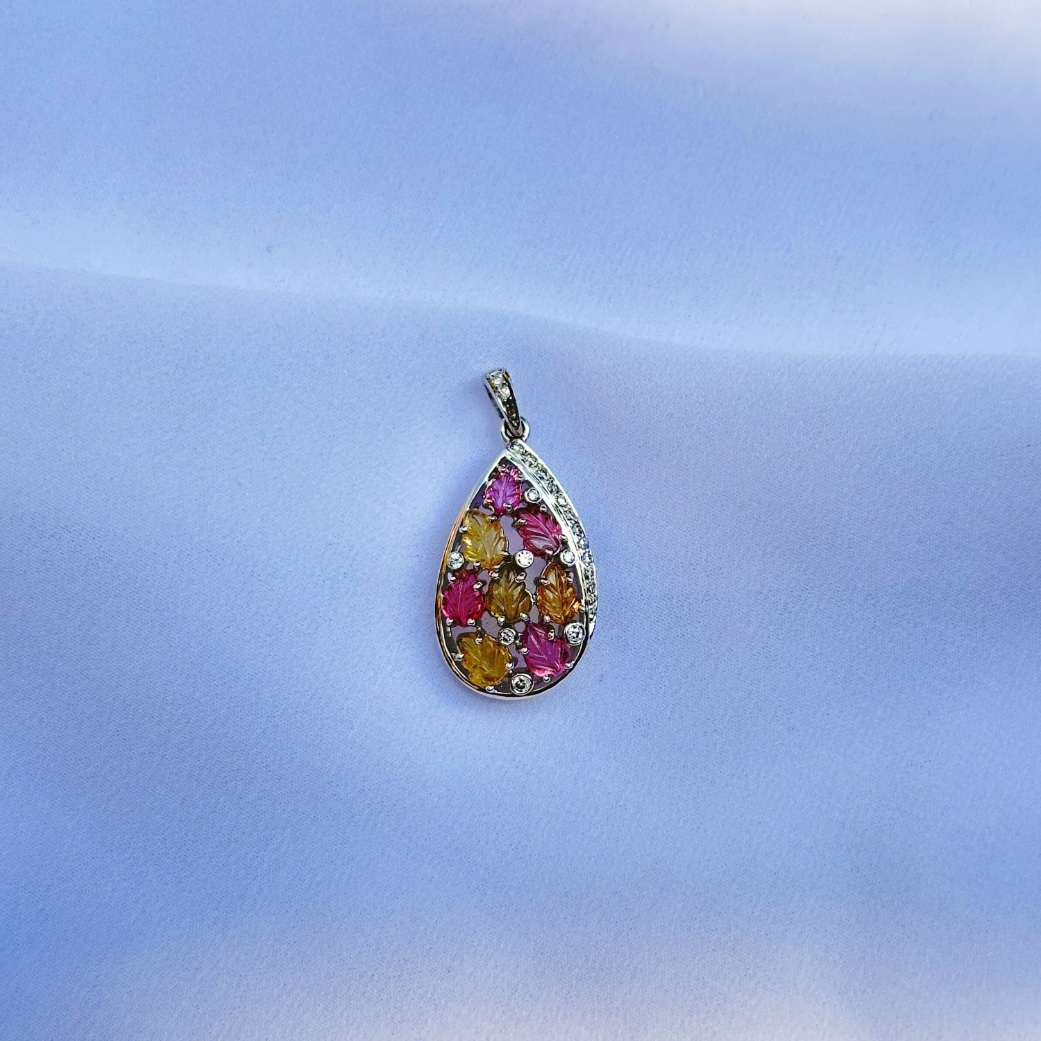 Tourmaline Teardrop 18K White Gold Pendant with Diamonds