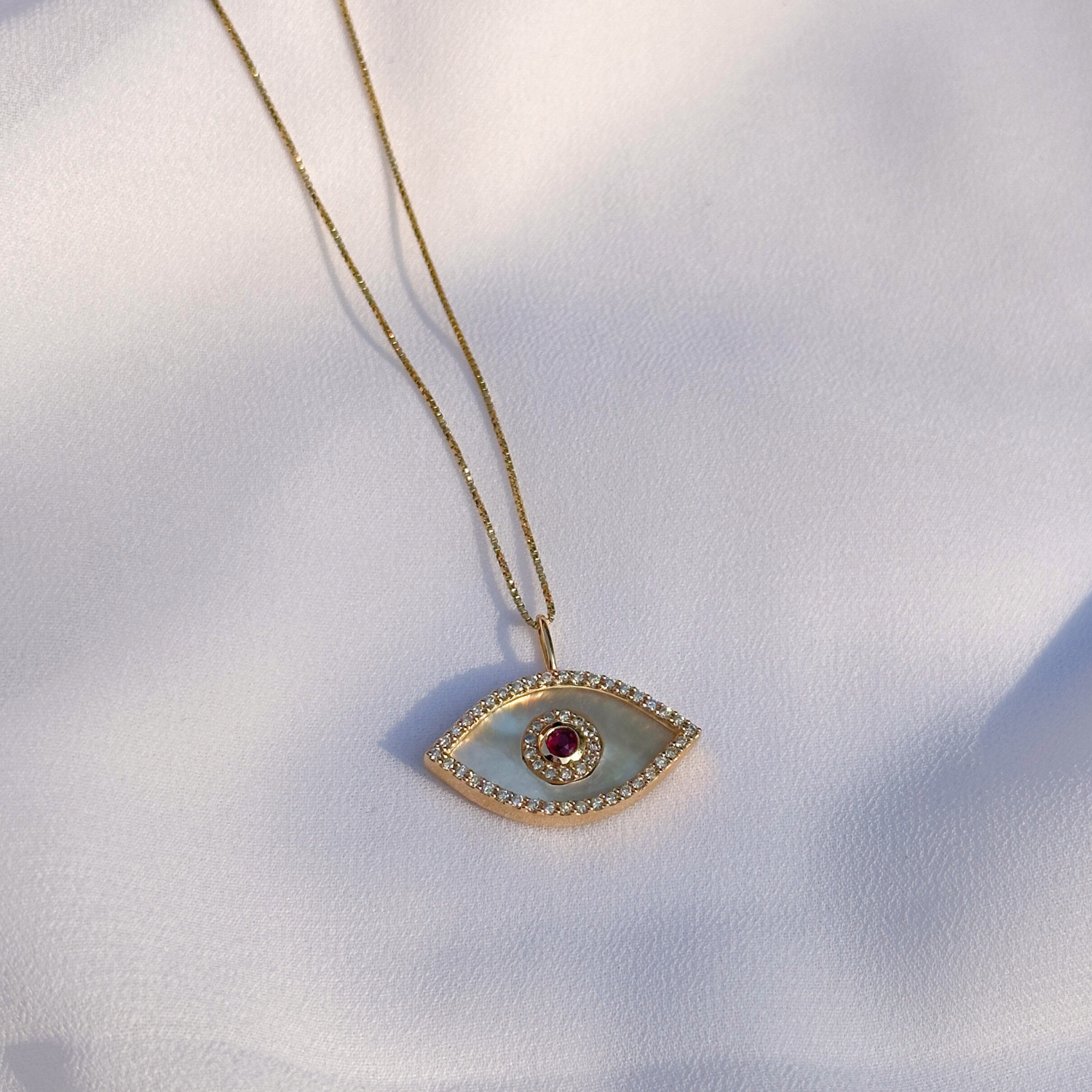 Mother of Pearl 14K Gold Evil Eye Pendant Necklace with Diamonds