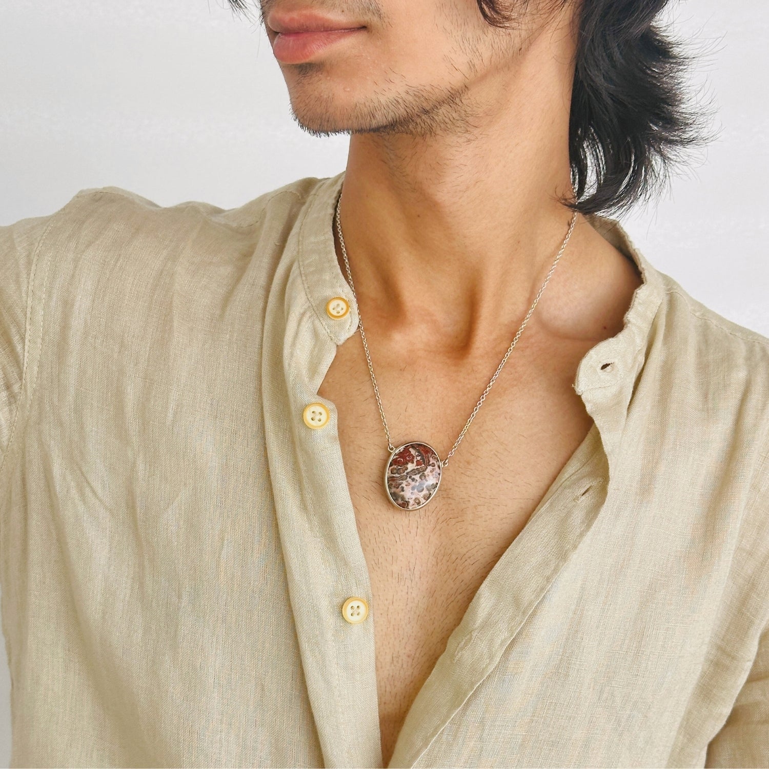 Jasper & Turquoise Double Sided Silver 925 Men's Pendant Necklace