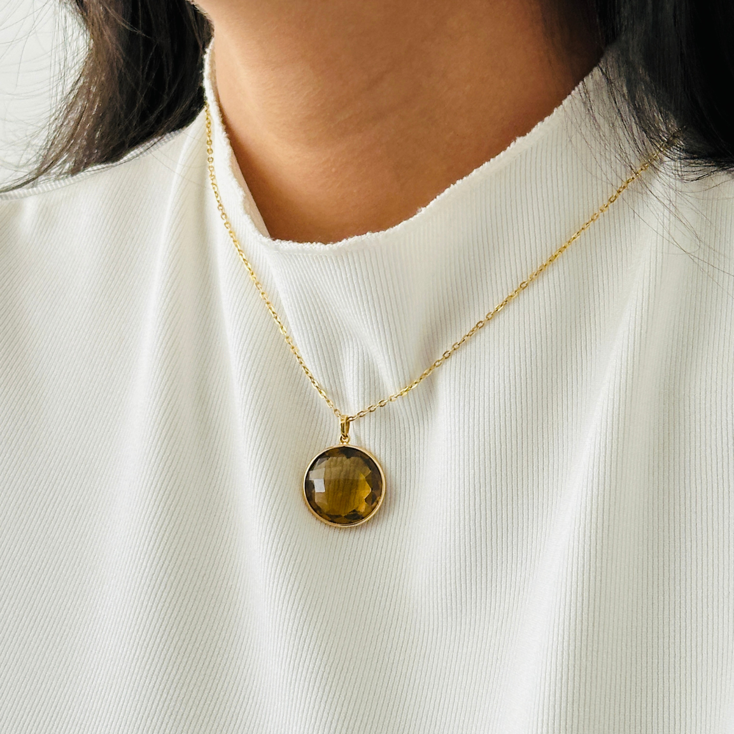 Brown Quartz Round 18K Gold Pendant