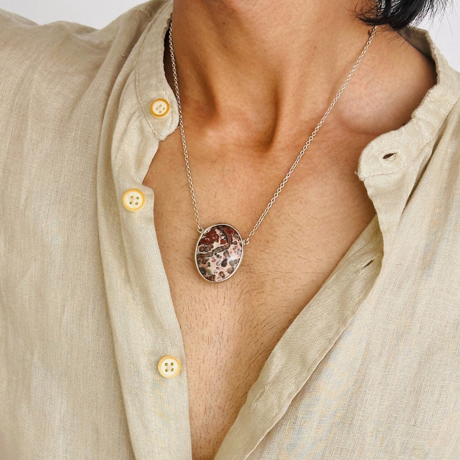 Jasper & Turquoise Double Sided Silver 925 Men's Pendant Necklace