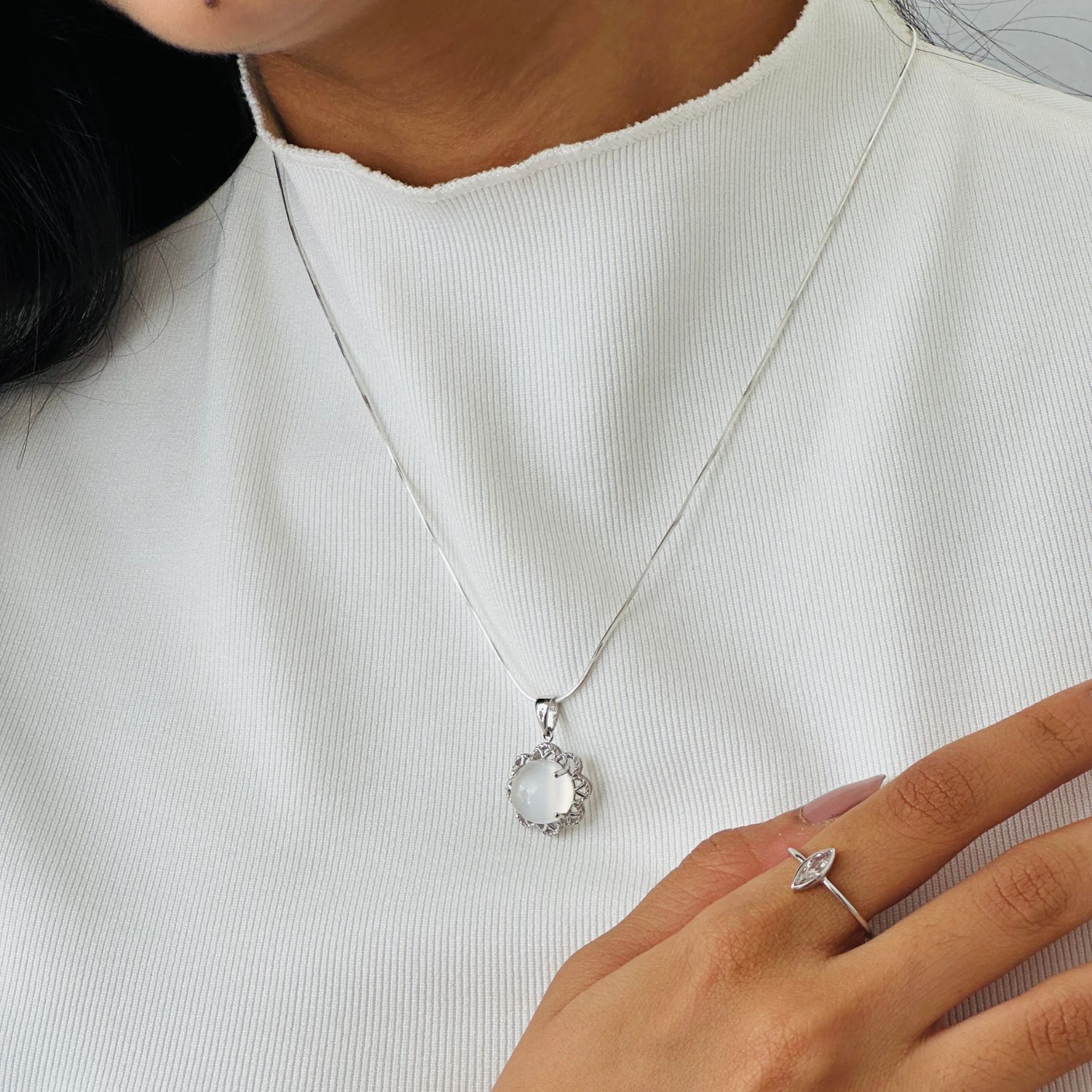 Moonstone Round 14K White Gold Pendant
