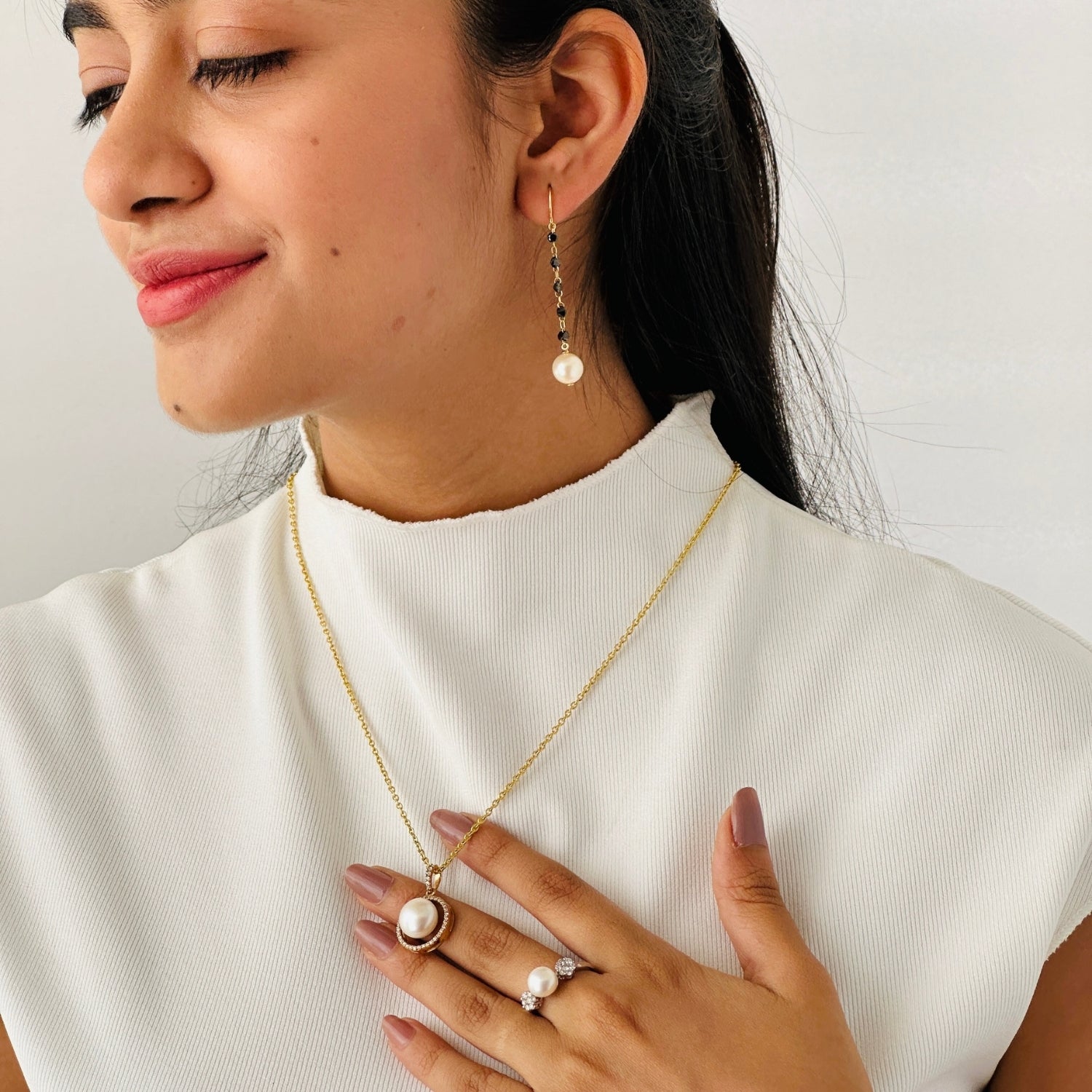Pearl & Black Diamond Drop 18K Gold Earrings