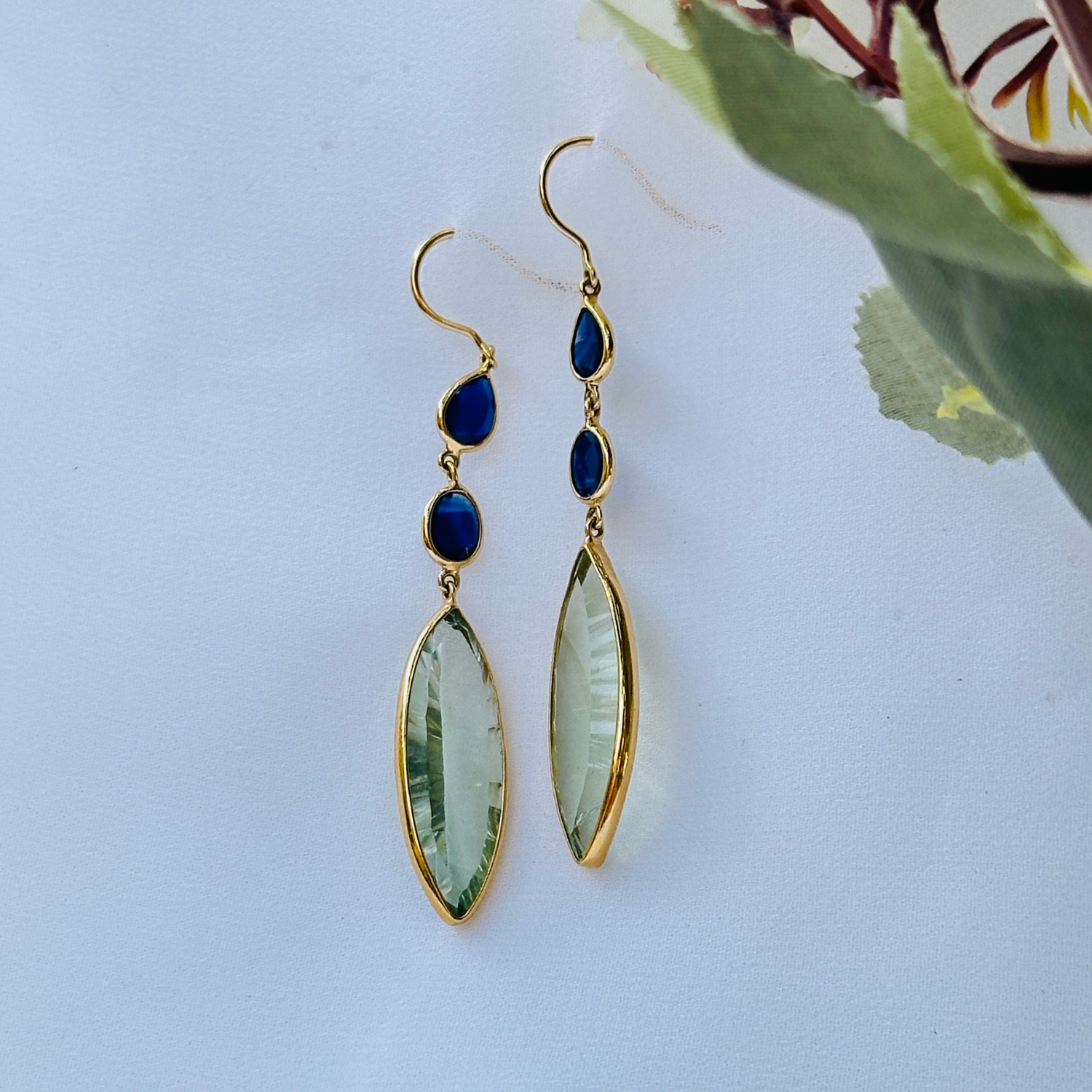 Green Amethyst & Sapphire 18K Gold Earrings