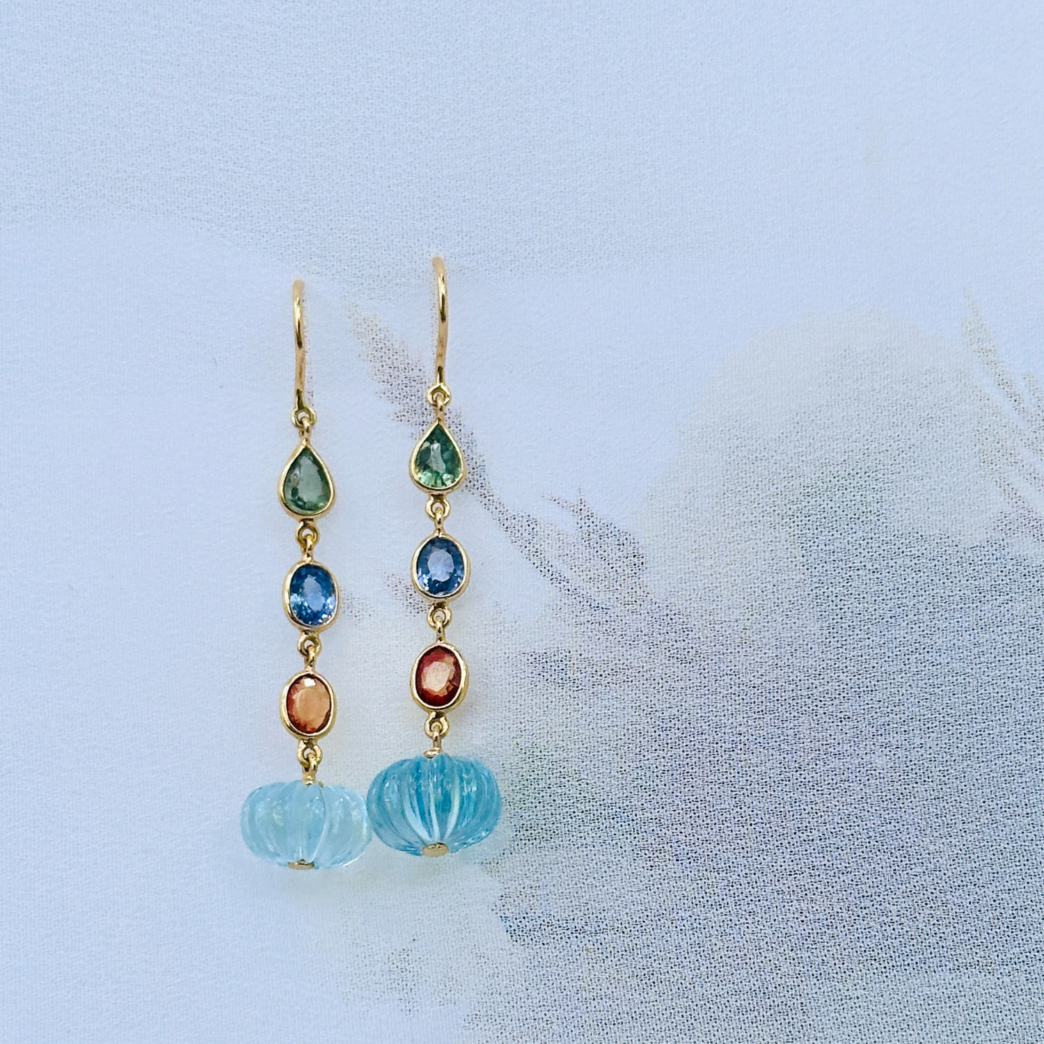 Blue Topaz & Multi Color Stone 18K Gold Drop Earrings