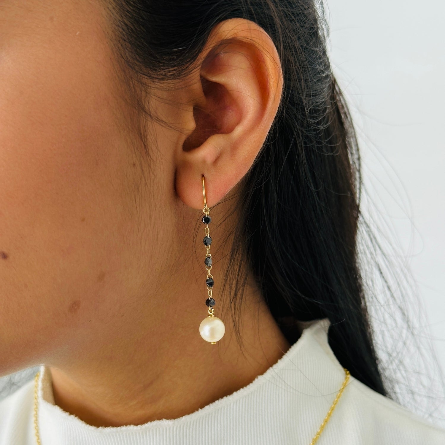 Pearl & Black Diamond Drop 18K Gold Earrings