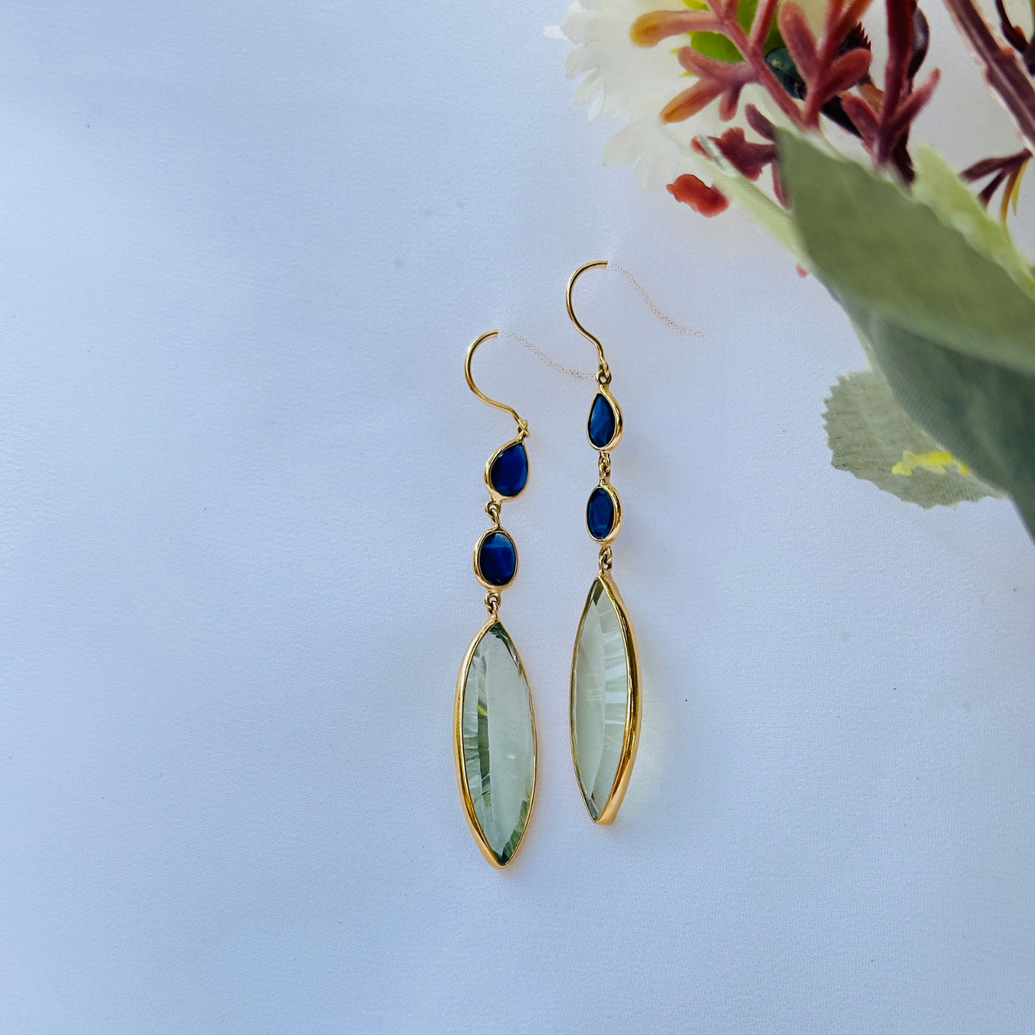 Green Amethyst & Sapphire 18K Gold Earrings