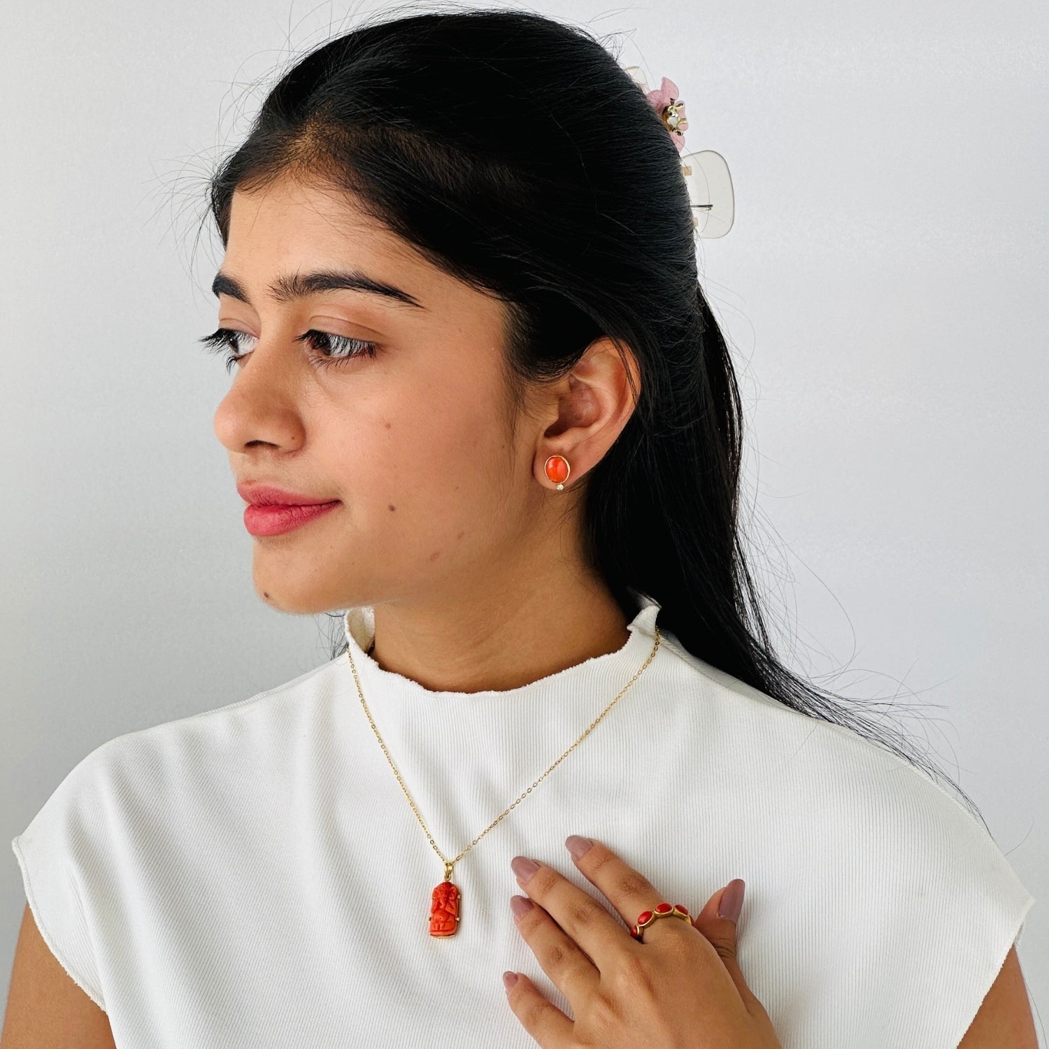 Coral & Diamond 18K Gold Earrings