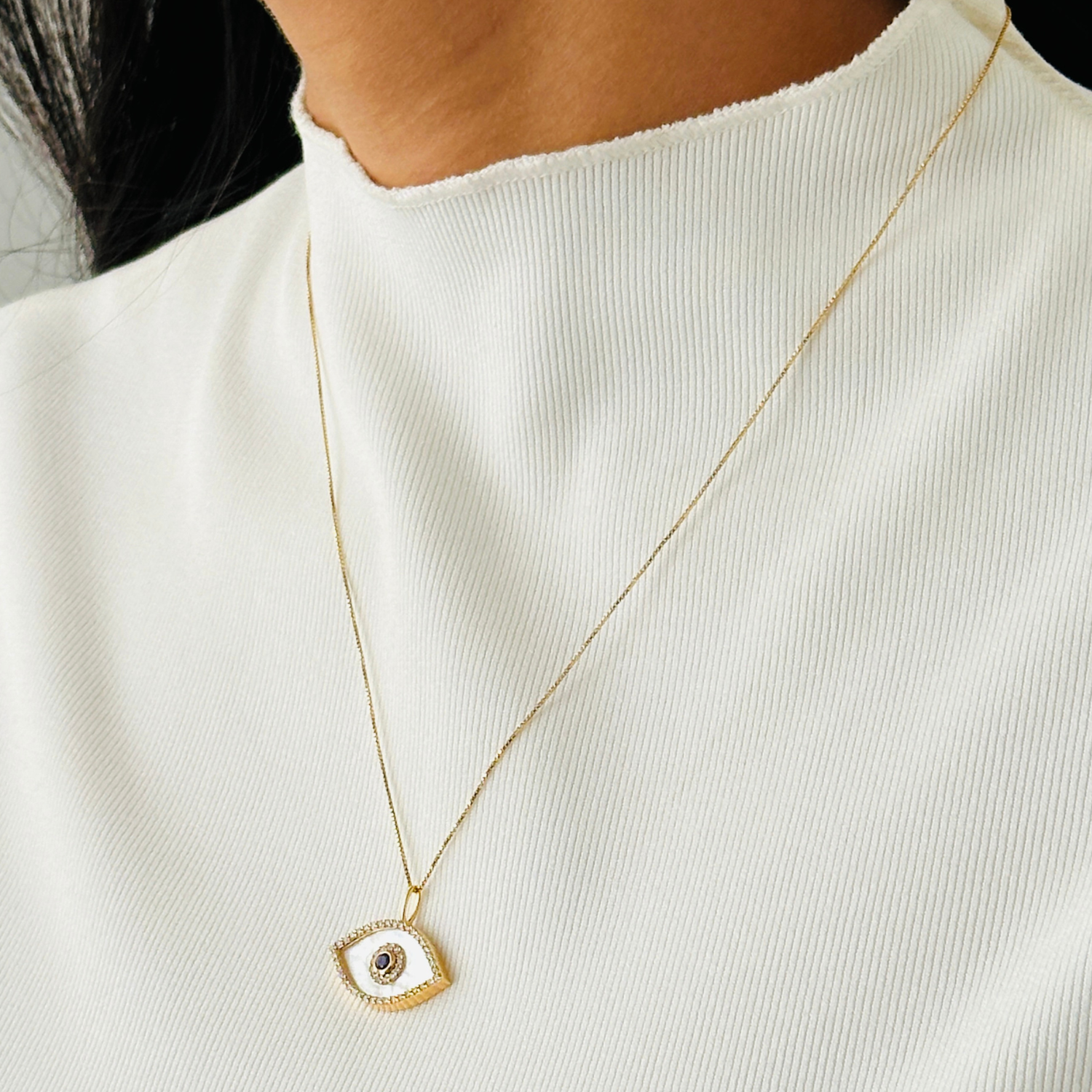 Mother of Pearl 14K Gold Evil Eye Pendant Necklace with Diamonds