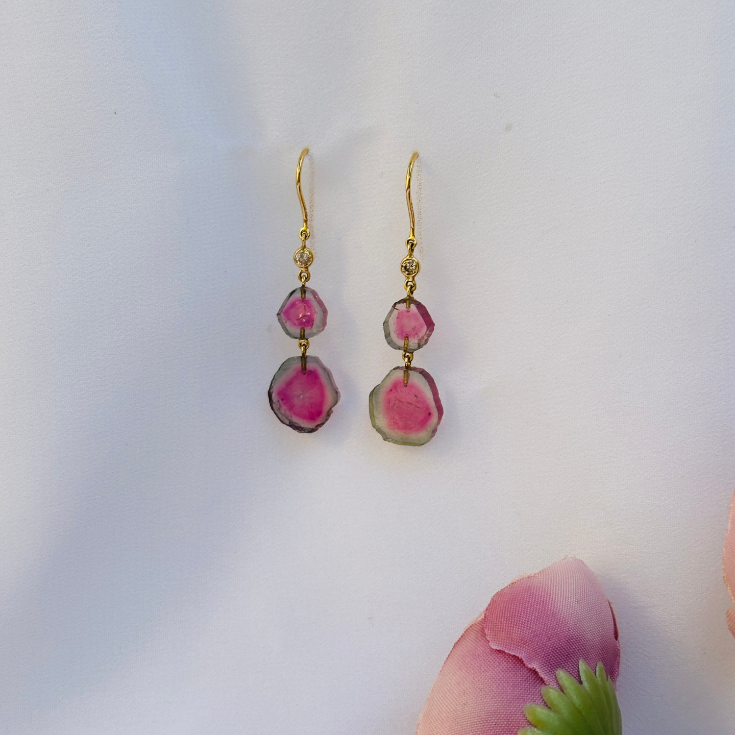 Watermelon Tourmaline & Diamond 18K Gold Earrings