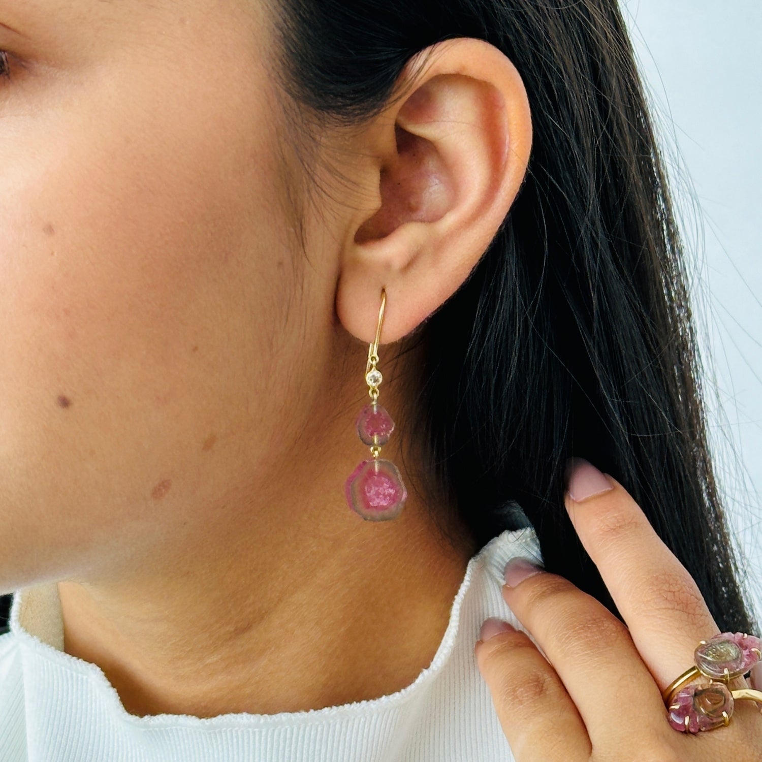Watermelon Tourmaline & Diamond 18K Gold Earrings