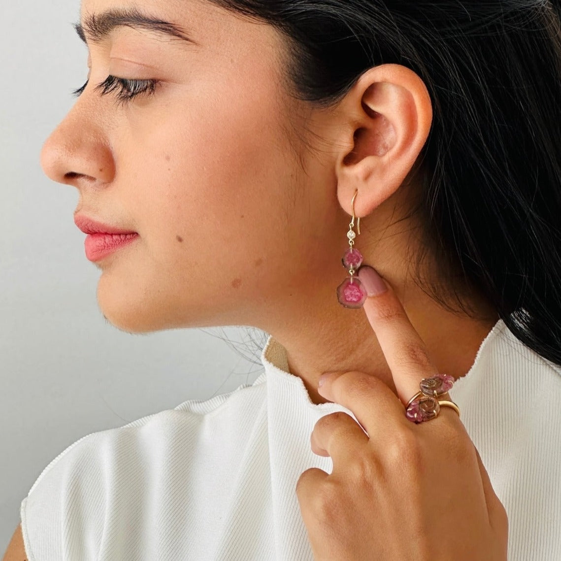 Watermelon Tourmaline & Diamond 18K Gold Earrings