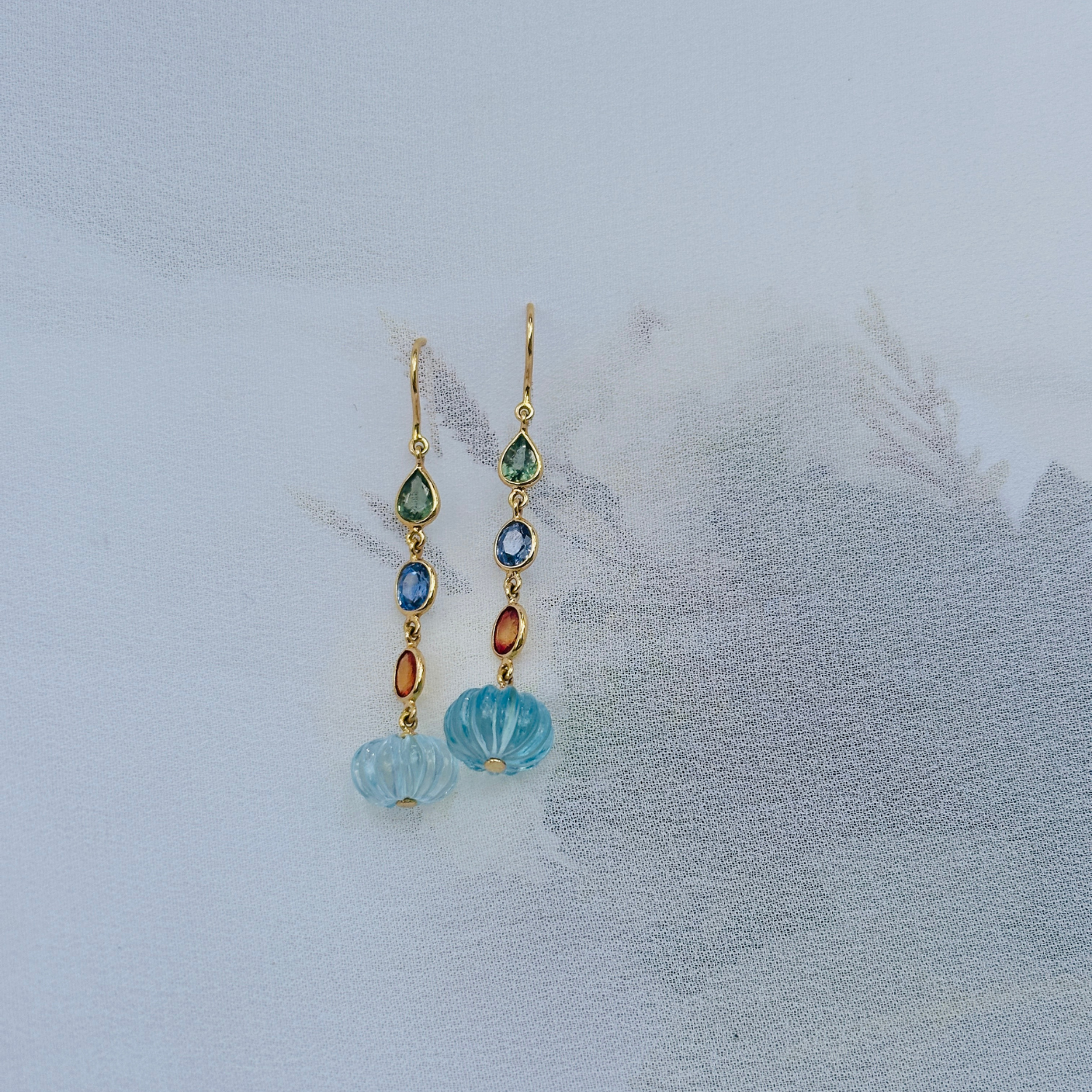 Blue Topaz & Multi Color Stone 18K Gold Drop Earrings