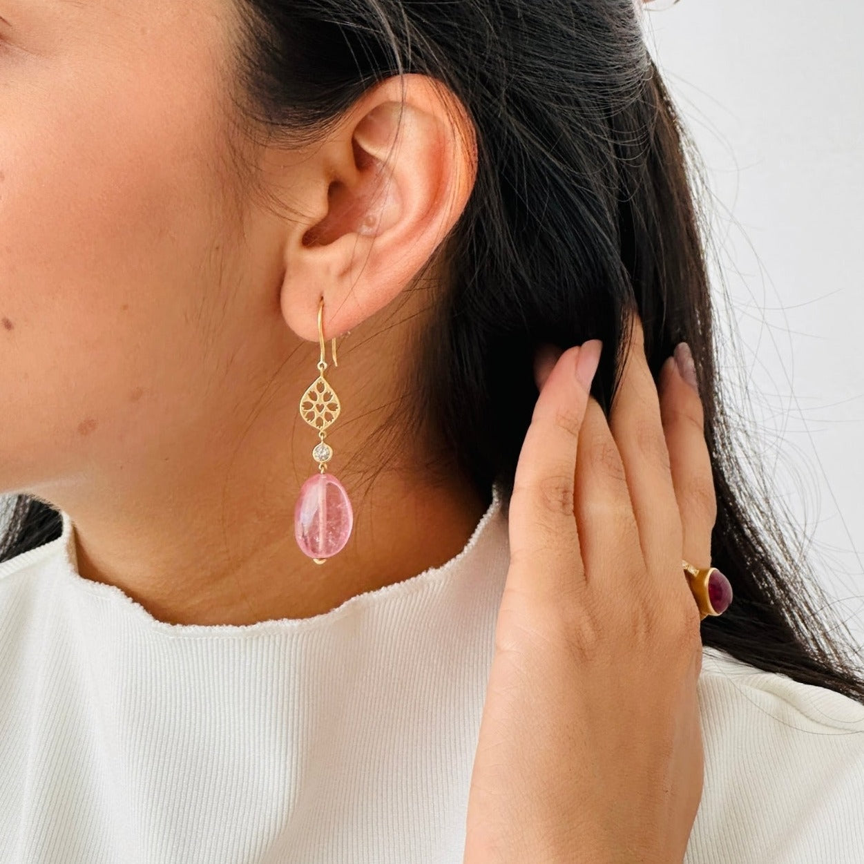 Pink Tourmaline & Diamond 18K Earrings