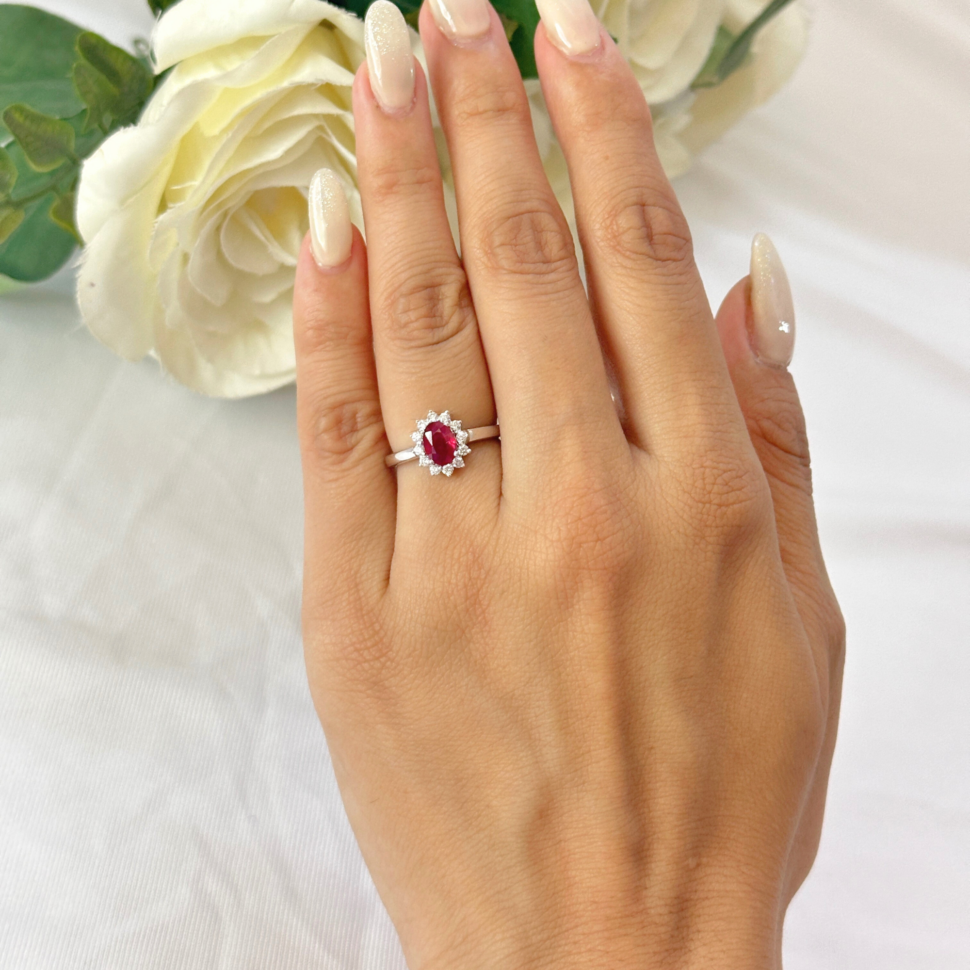 Ruby Diamond White Gold Cluster Ring