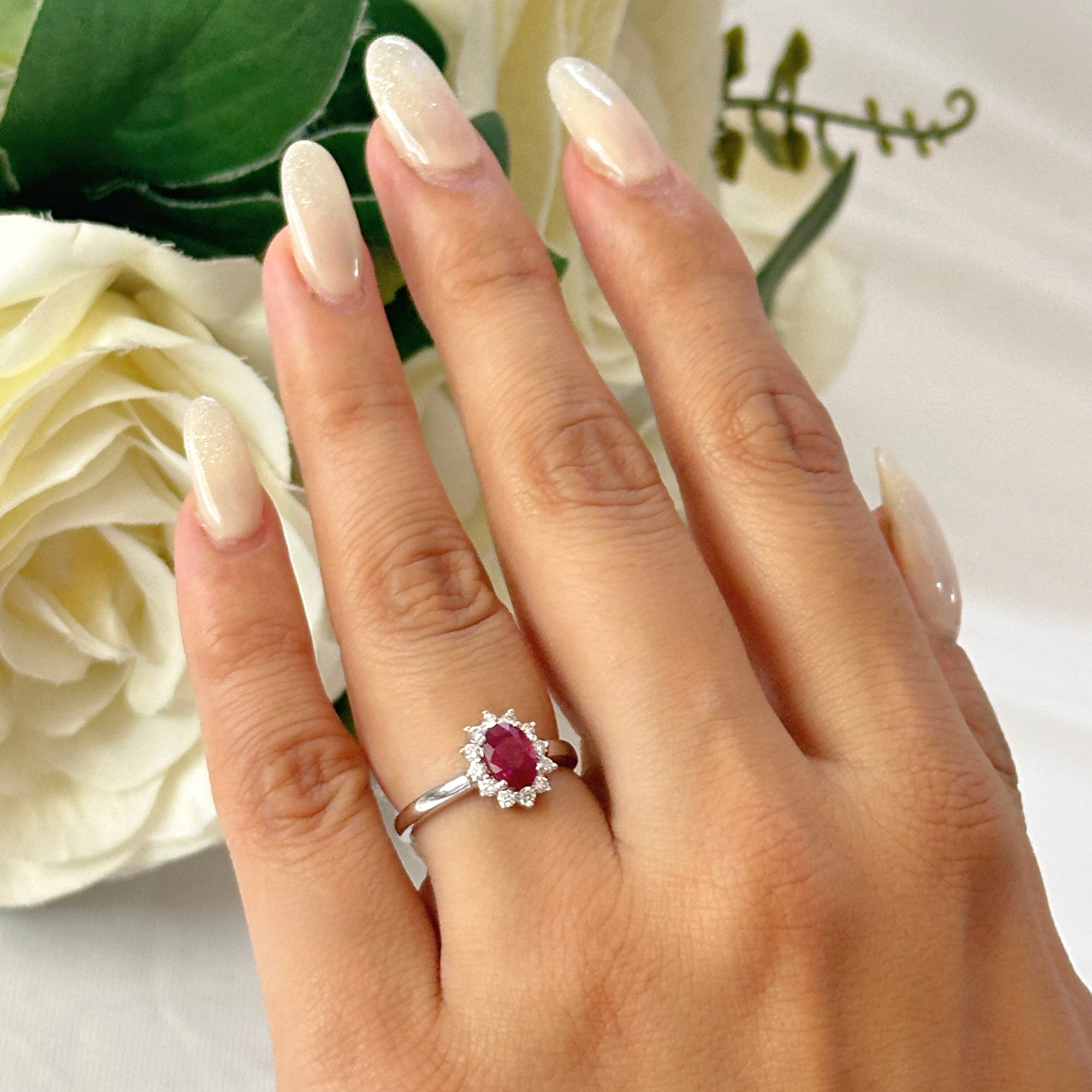 Ruby Diamond White Gold Cluster Ring