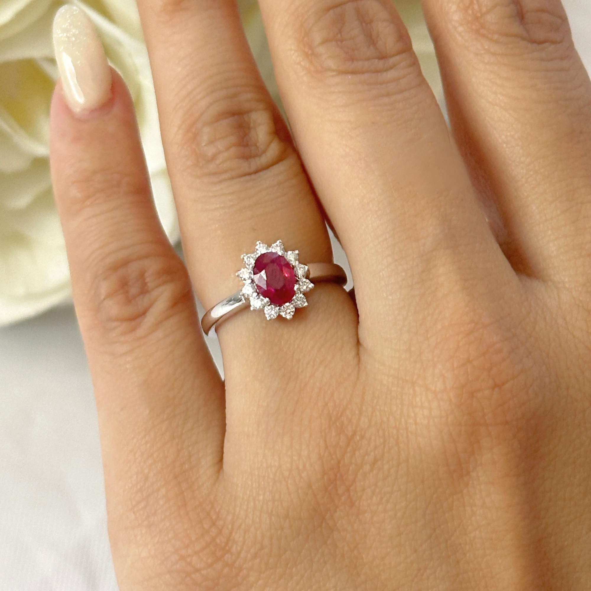 Ruby Diamond White Gold Cluster Ring