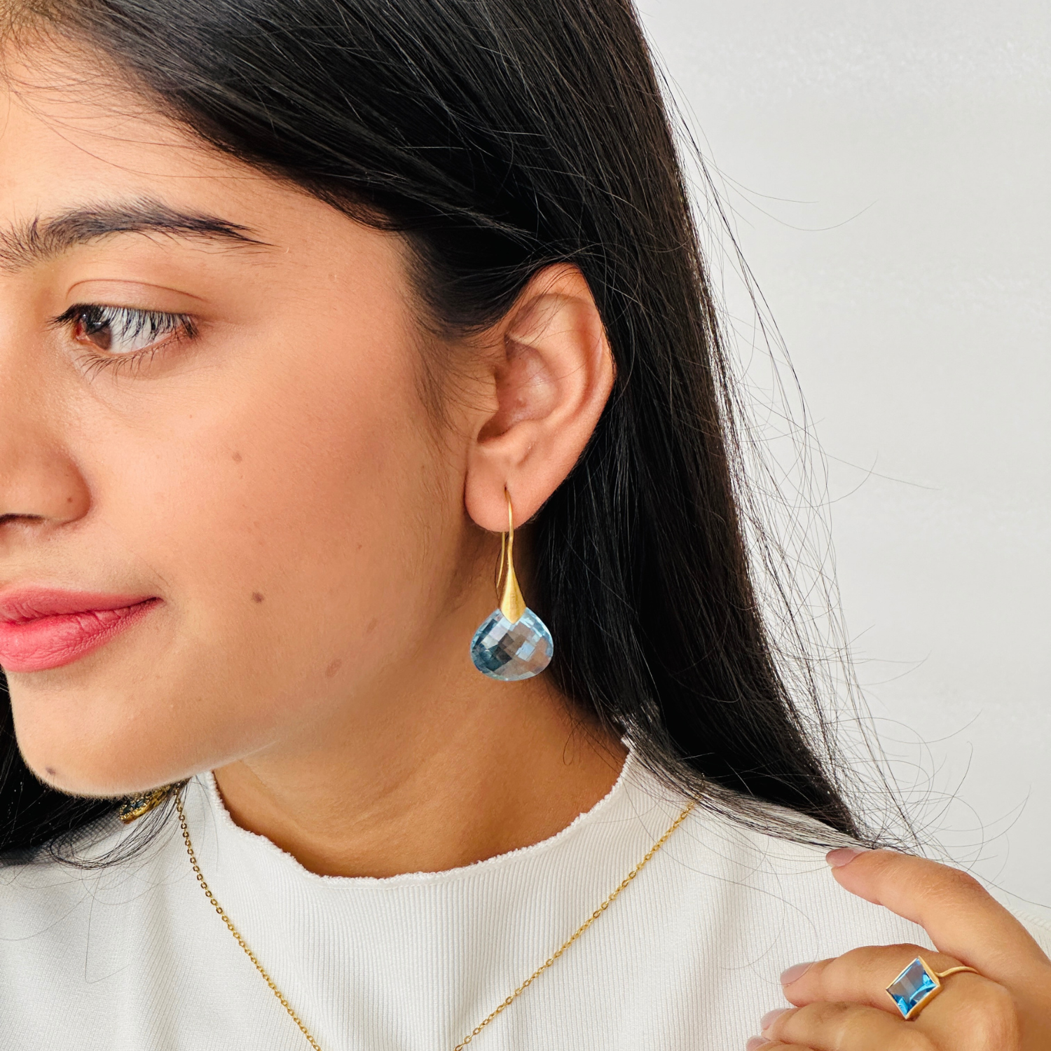 Blue Topaz Hanging 18K Gold Earrings