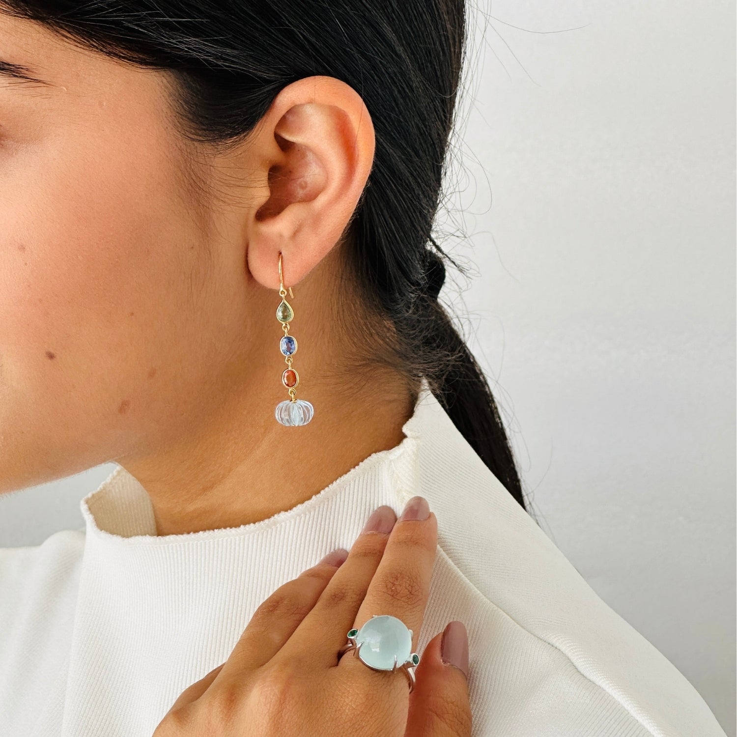Blue Topaz & Multi Color Stone 18K Gold Drop Earrings