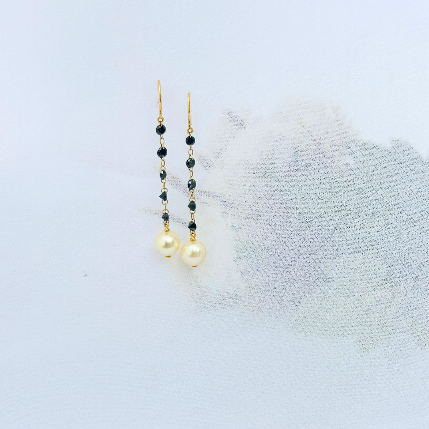Pearl & Black Diamond Drop 18K Gold Earrings