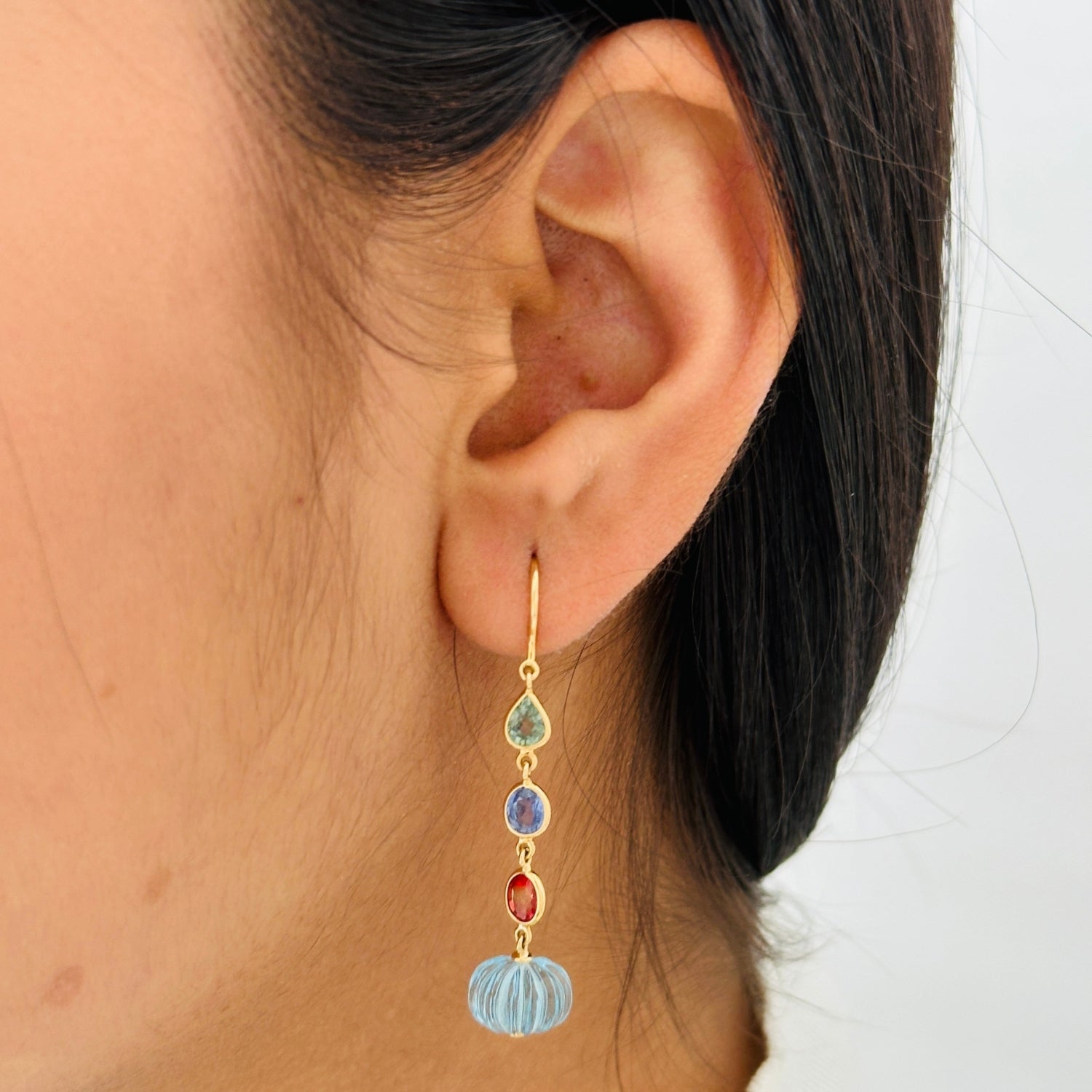 Blue Topaz & Multi Color Stone 18K Gold Drop Earrings