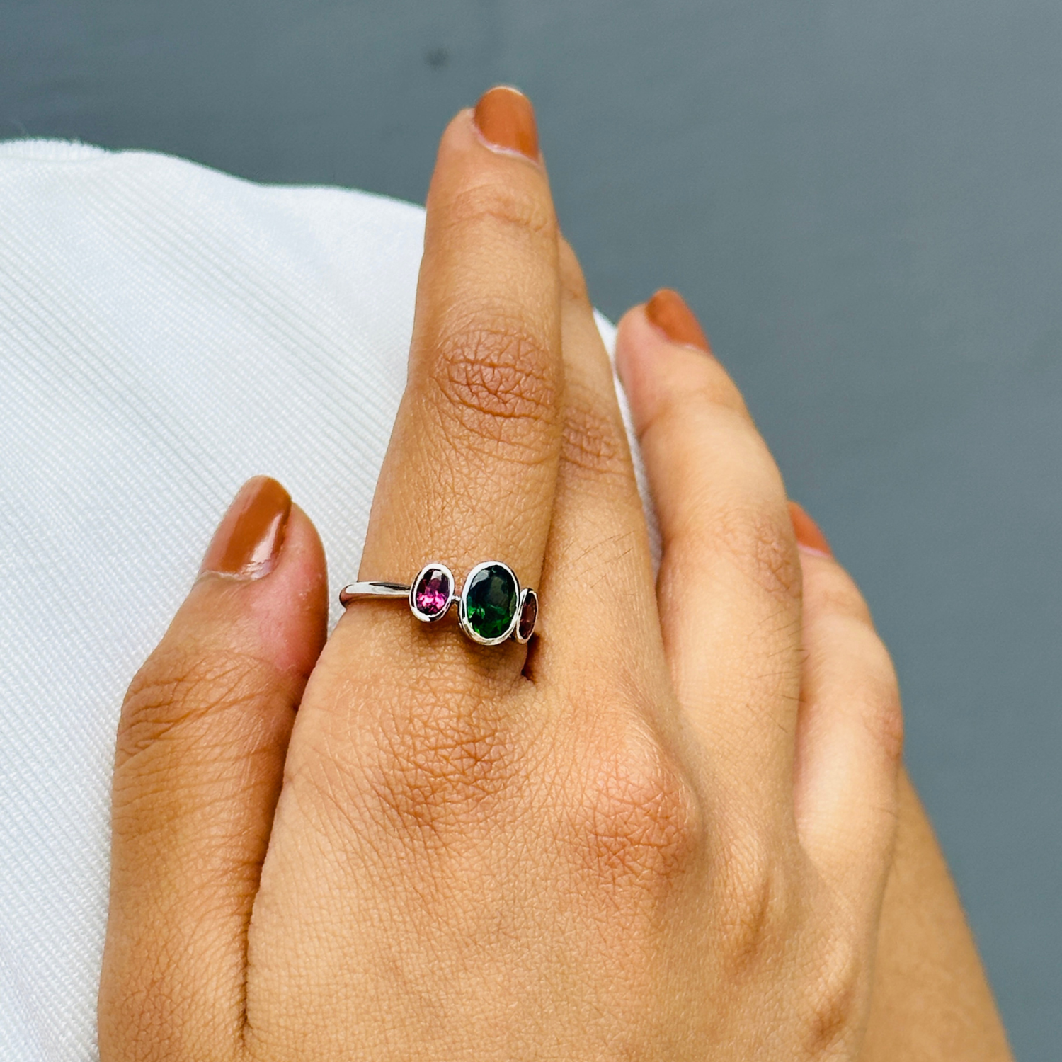 Diopside & Pink Tourmaline 18K White Gold Ring