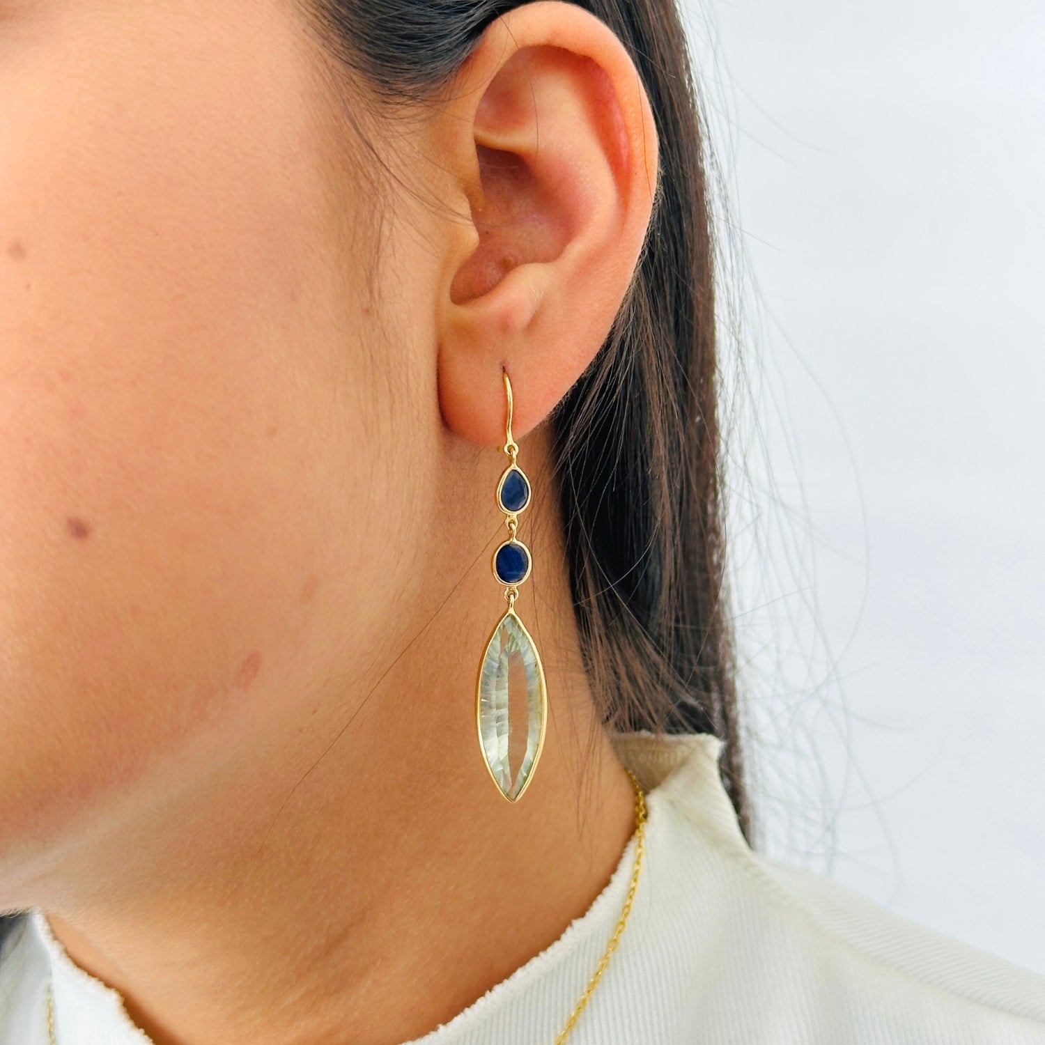Green Amethyst & Sapphire 18K Gold Earrings