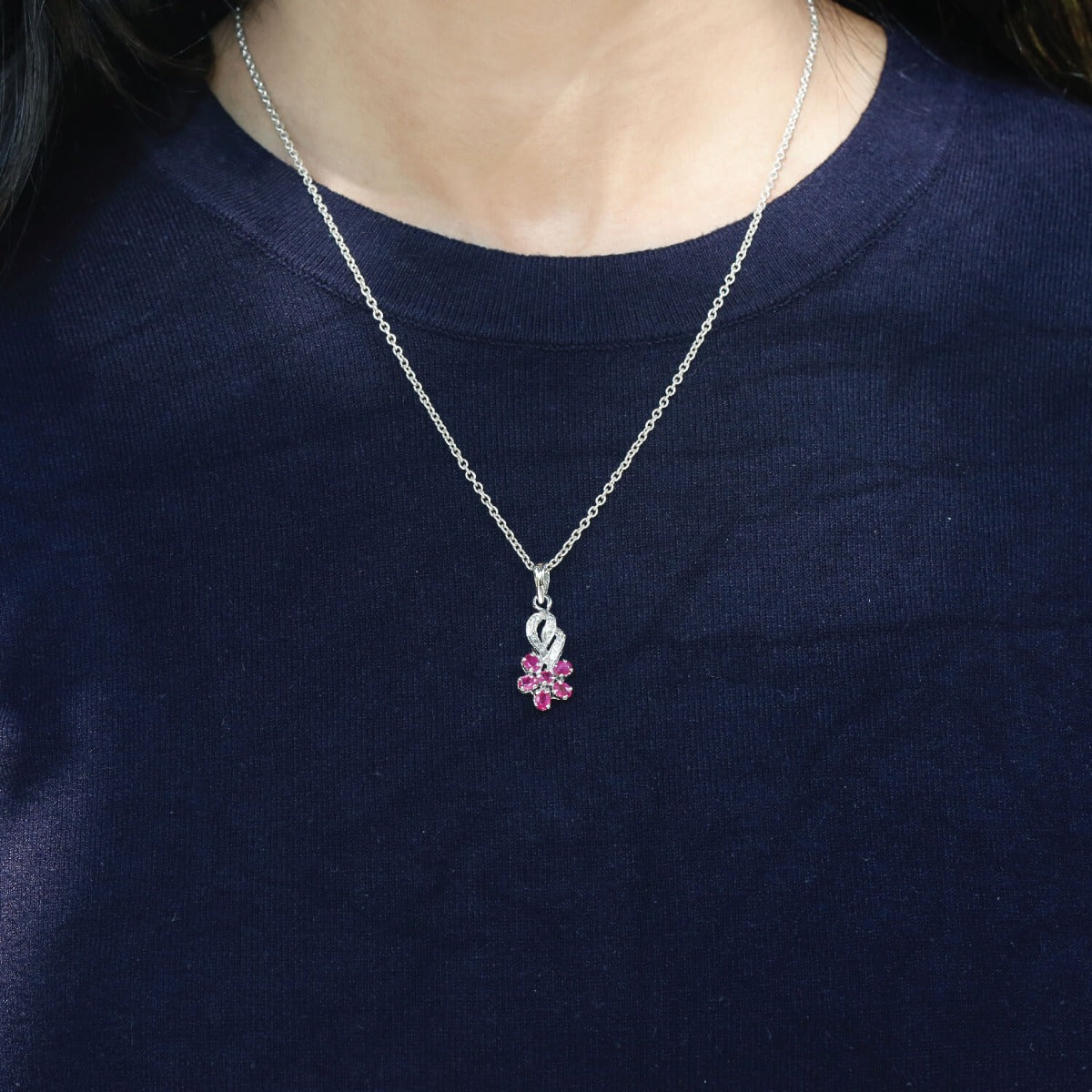 ruby pendant, sterling silver pendant, buy ruby pendant, ruby jewelry, ruby & diamond pendant, diamond pendant, flower pendant
Ruby & Diamond 925 silver flower pendant