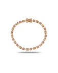 18K rose gold tennis bracelet with alternating round pink sapphires and emerald-cut white diamonds in prong settings, full circular display with box clasp, white background