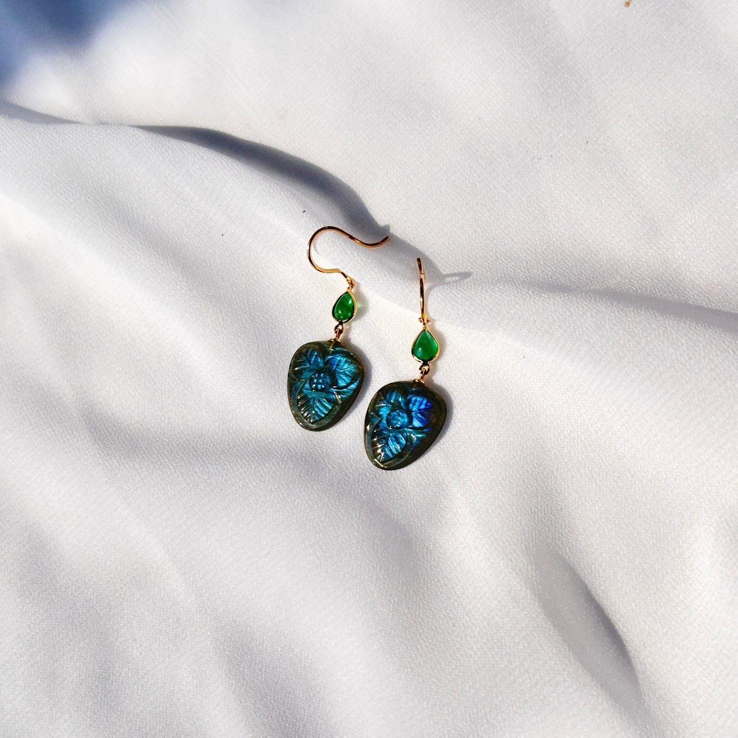 Labradorite & Emerald 18K Gold Earrings