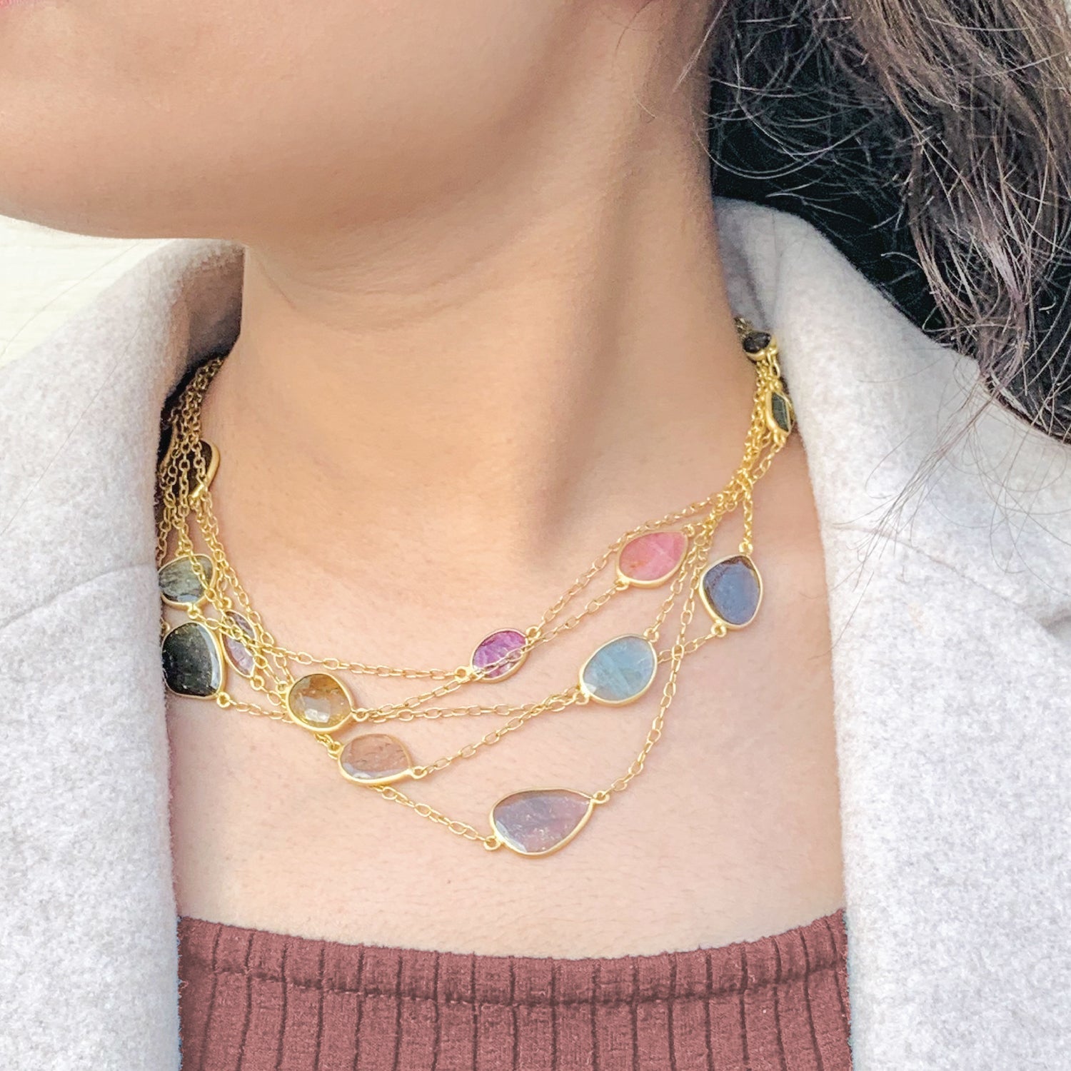 Layered chain stylish gemstone Colorstone 18K Gold Plated Silver 925 Necklace
