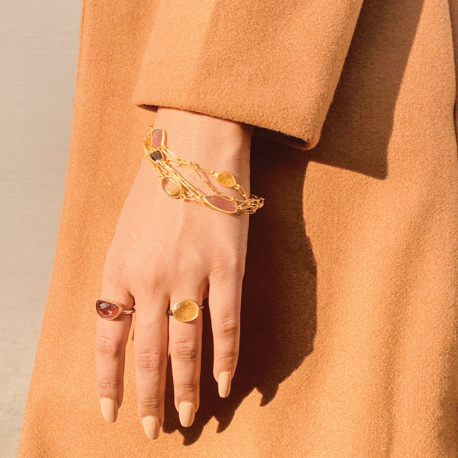 Layered chain bracelet stylish stackable 18K Gold Plated Silver 925 Tourmaline Bracelet